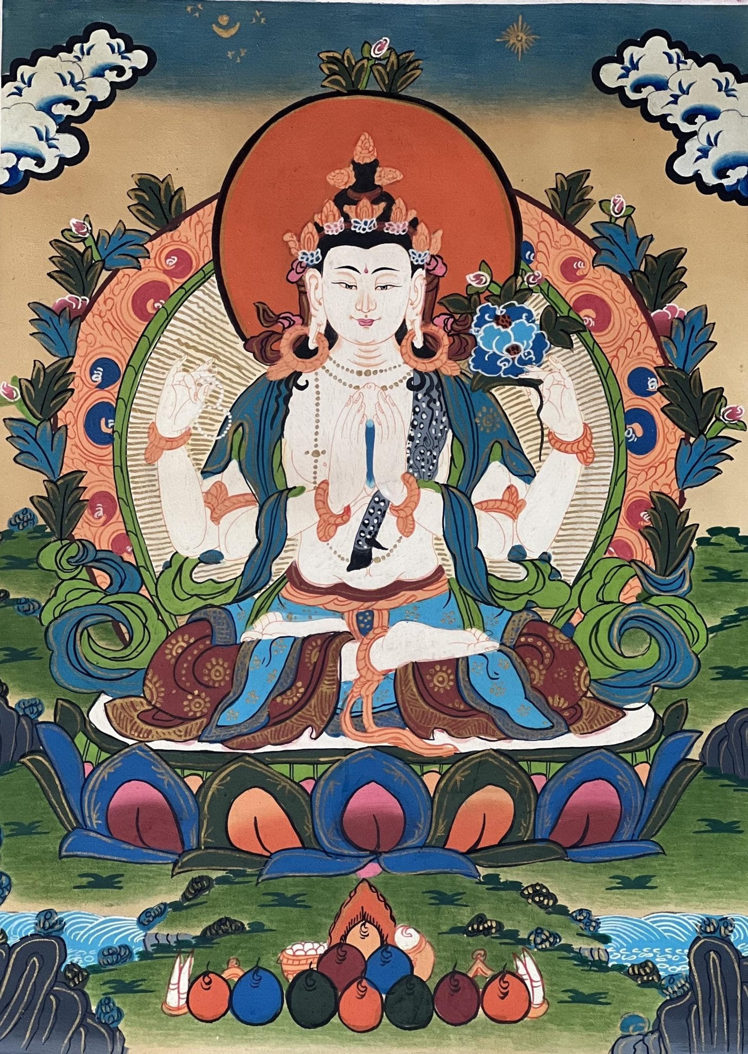 Hand - Painted Chenrezig (Avalokiteshvara) Thangka - Tibetan Compassion Buddha Meditation Painting with Semi - Old Smoky Finish in Silk Brocade. - Tibetan Thangka Art