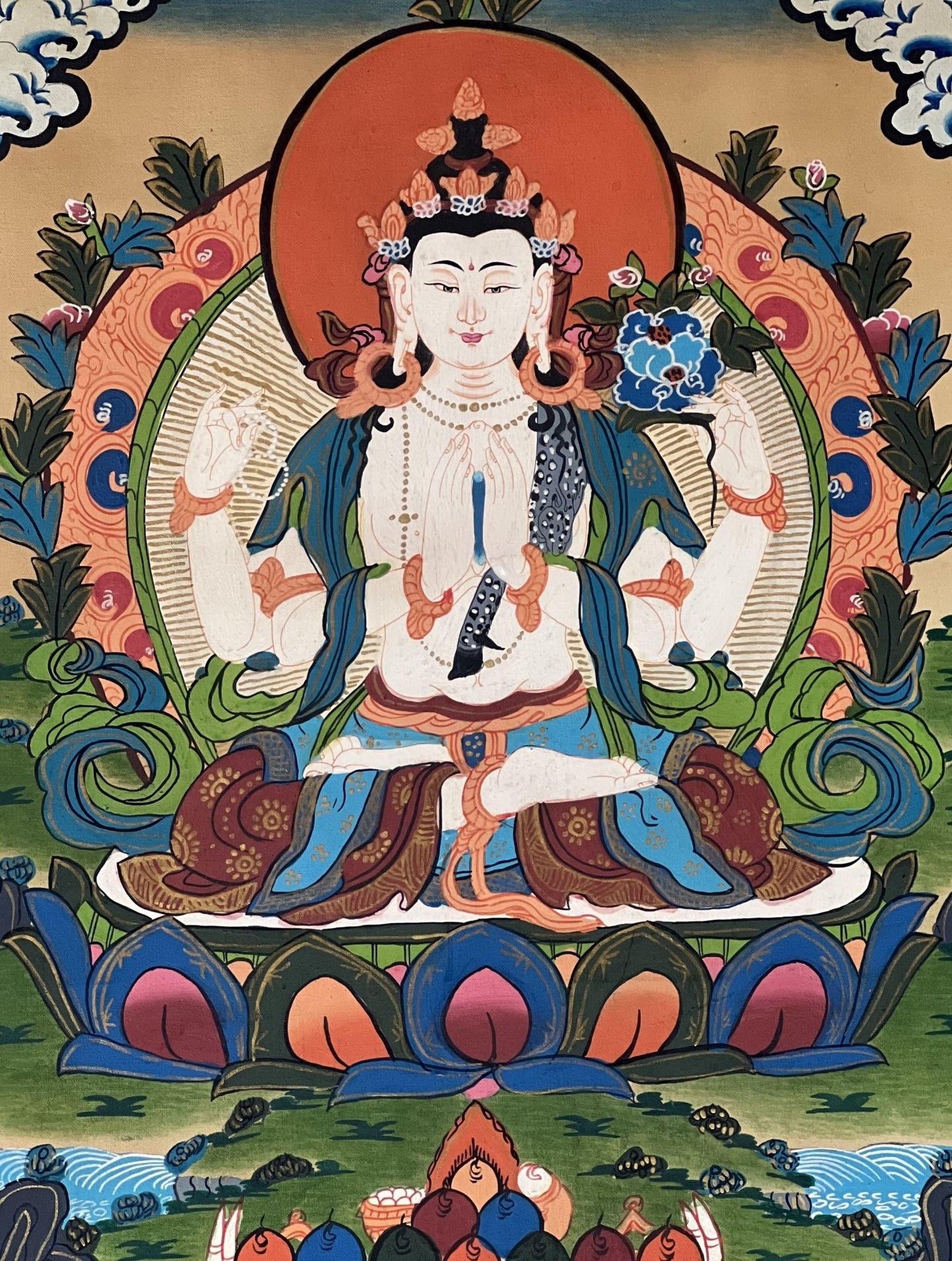 Hand - Painted Chenrezig (Avalokiteshvara) Thangka - Tibetan Compassion Buddha Meditation Painting with Semi - Old Smoky Finish in Silk Brocade. - Tibetan Thangka Art