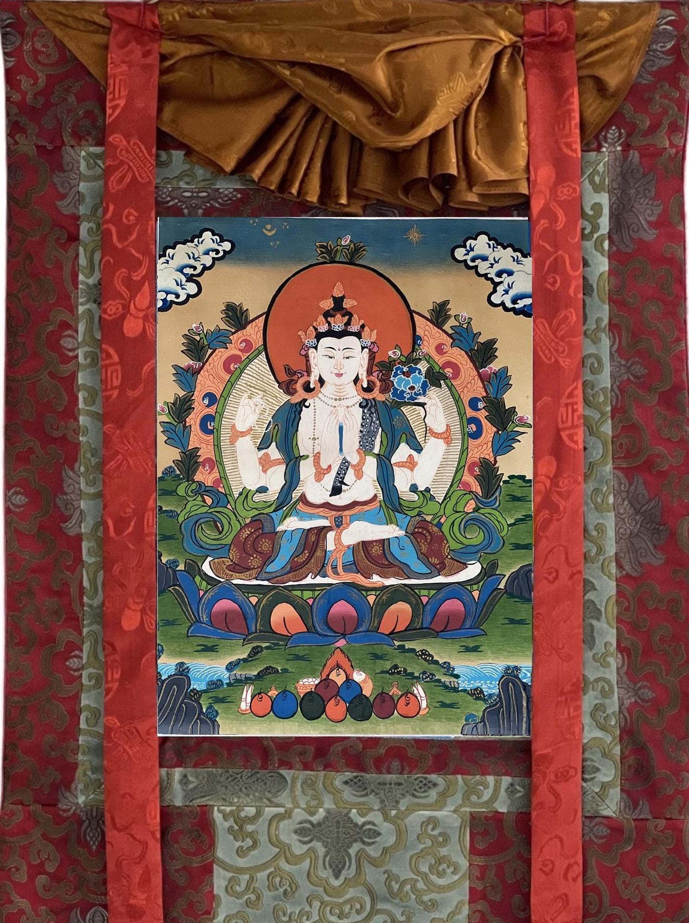 Hand - Painted Chenrezig (Avalokiteshvara) Thangka - Tibetan Compassion Buddha Meditation Painting with Semi - Old Smoky Finish in Silk Brocade. - Tibetan Thangka Art