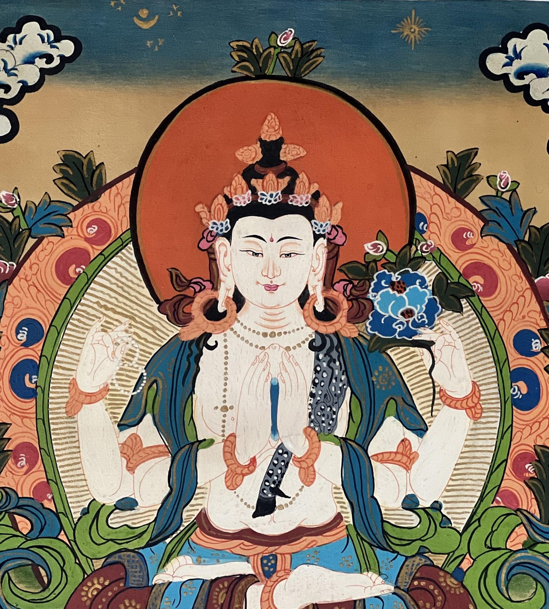 Hand - Painted Chenrezig (Avalokiteshvara) Thangka - Tibetan Compassion Buddha Meditation Painting with Semi - Old Smoky Finish in Silk Brocade. - Tibetan Thangka Art