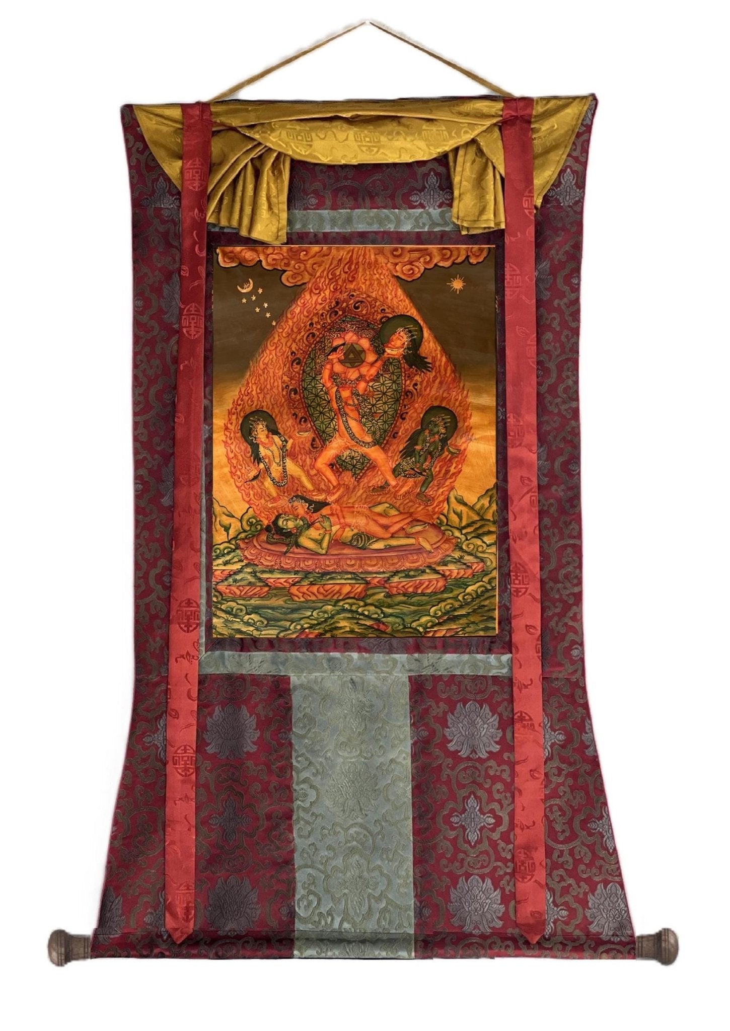 Hand Painted Chhinnamasta Thangka Art | Tantric Energy | Chhinnamastika Chandika | Oil Varnished Jogini Maa Painting with Silk Brocade - Tibetan Thangka Art
