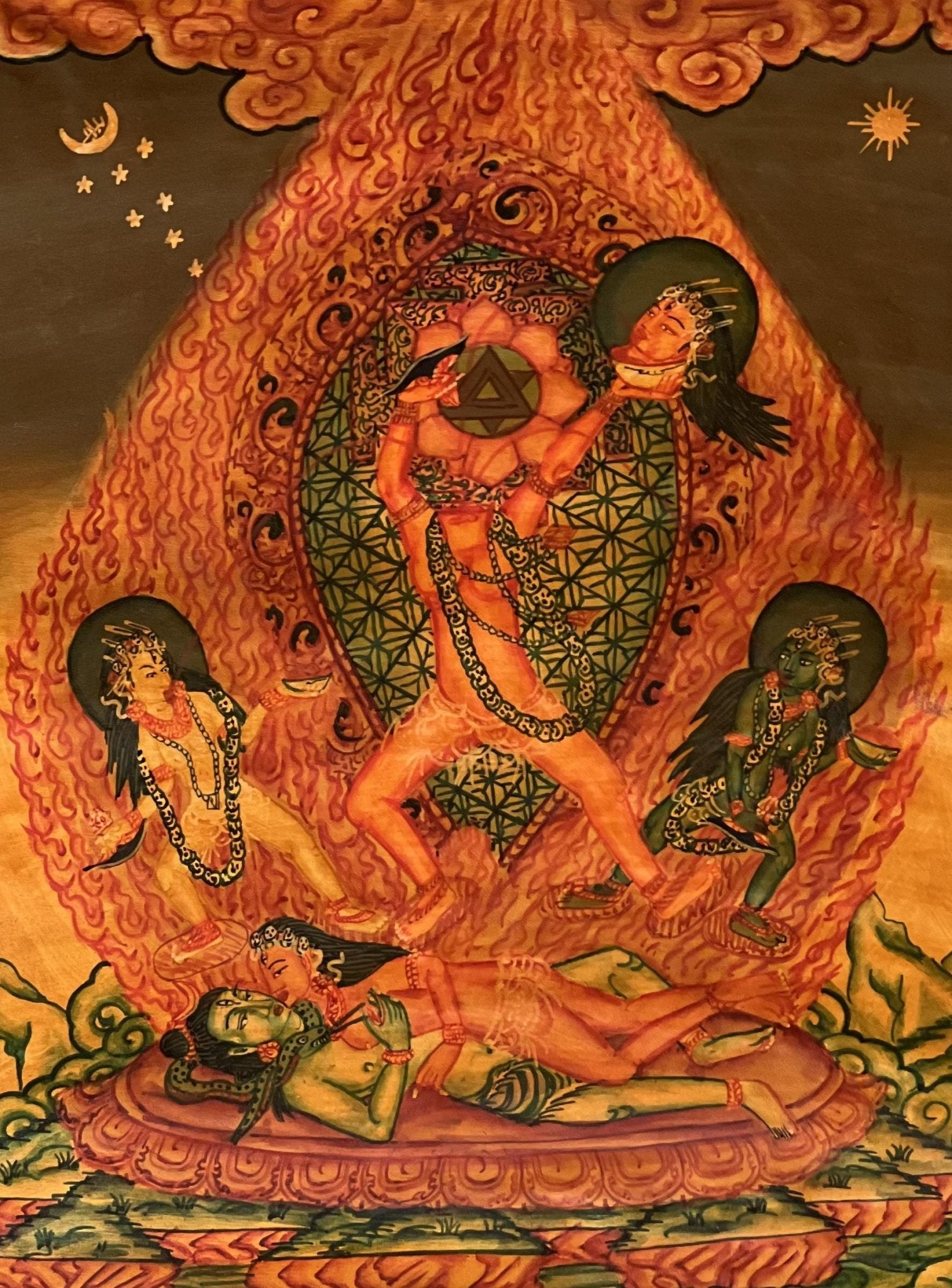 Hand Painted Chhinnamasta Thangka Art | Tantric Energy | Chhinnamastika Chandika | Oil Varnished Jogini Maa Painting with Silk Brocade - Tibetan Thangka Art