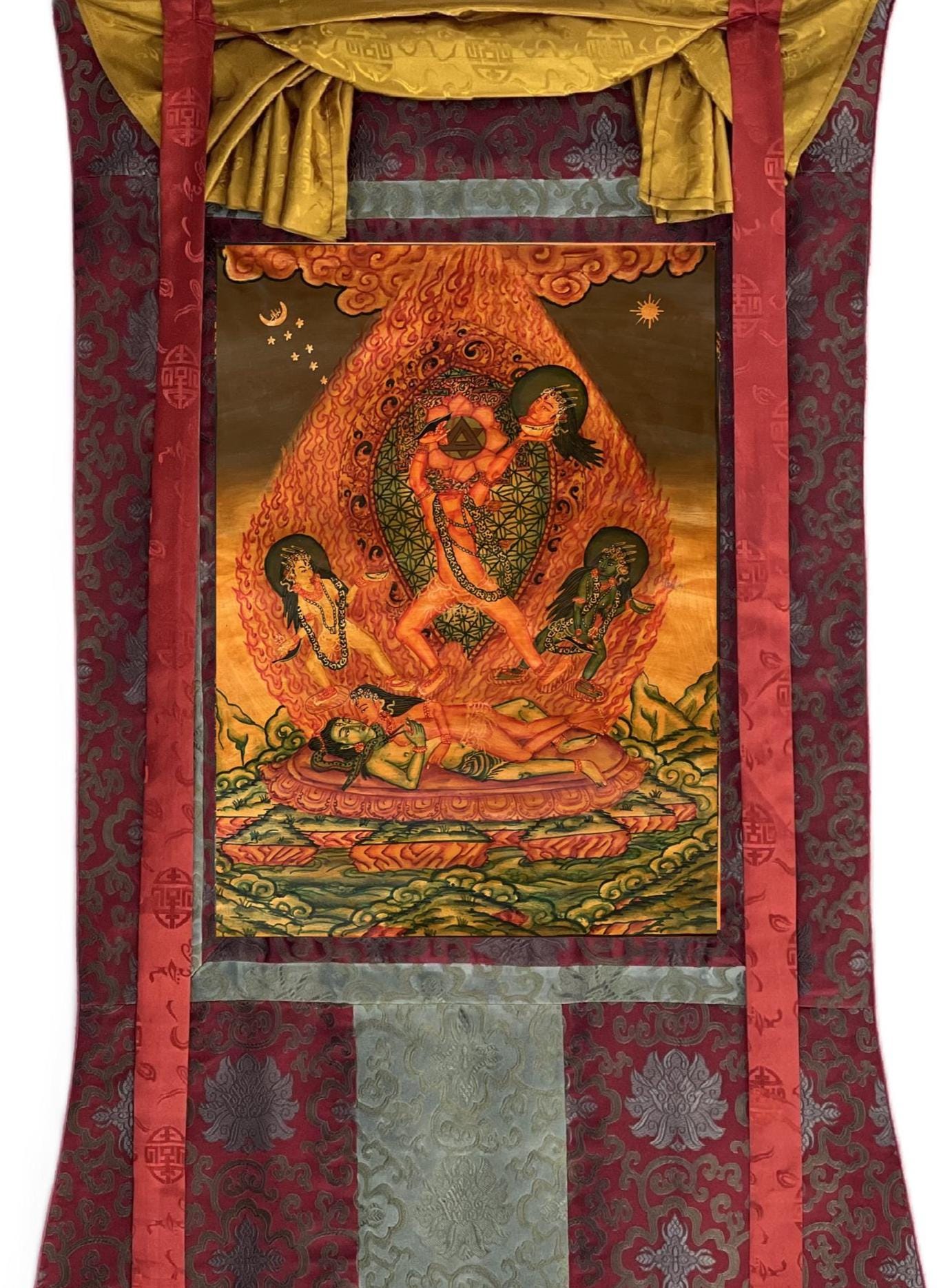 Hand Painted Chhinnamasta Thangka Art | Tantric Energy | Chhinnamastika Chandika | Oil Varnished Jogini Maa Painting with Silk Brocade - Tibetan Thangka Art