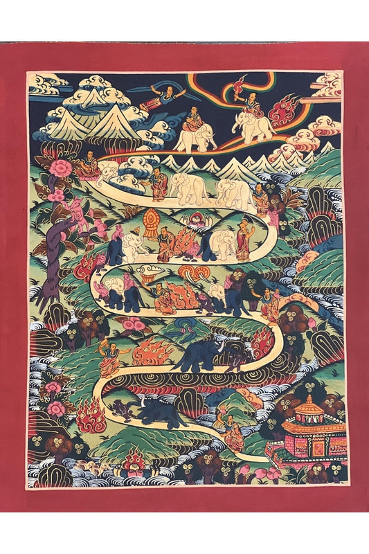 Hand Painted Elephant Path Samatha Meditation Way to Heaven/Nirvana Tibetan Thangka Painting Original Buddhist Meditation Art/ Wall Hanging - Tibetan Thangka Art