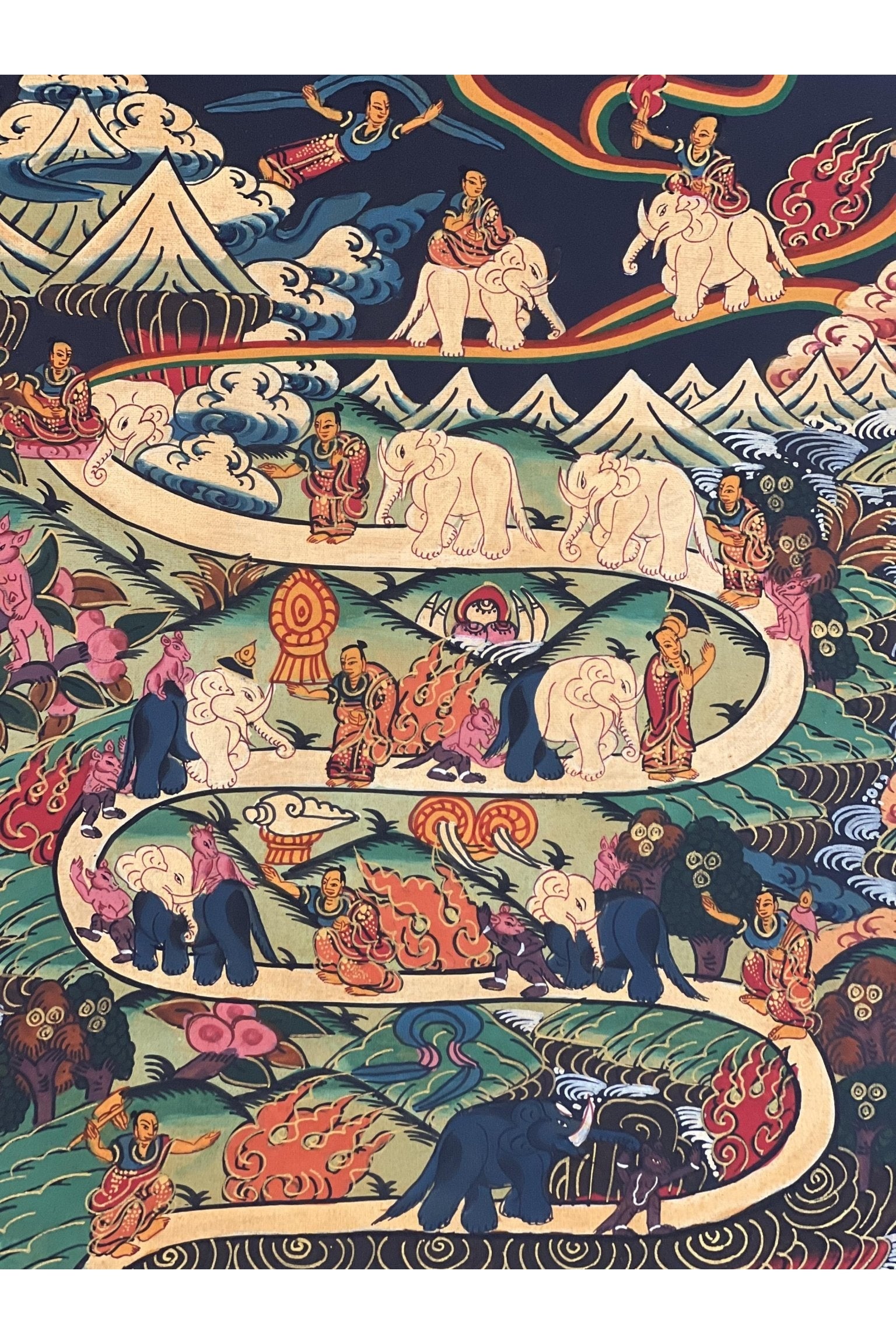 Hand Painted Elephant Path Samatha Meditation Way to Heaven/Nirvana Tibetan Thangka Painting Original Buddhist Meditation Art/ Wall Hanging - Tibetan Thangka Art