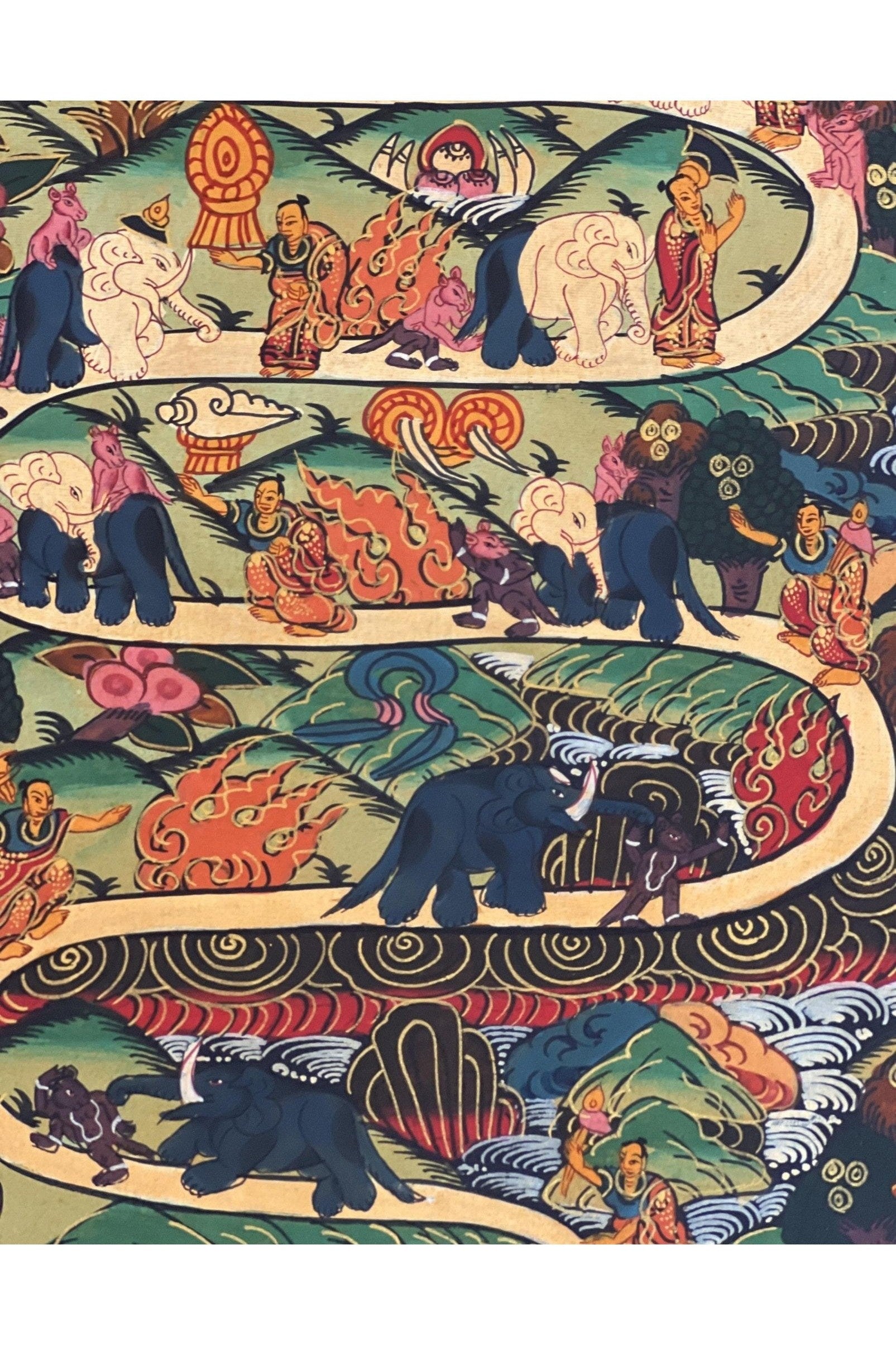 Hand Painted Elephant Path Samatha Meditation Way to Heaven/Nirvana Tibetan Thangka Painting Original Buddhist Meditation Art/ Wall Hanging - Tibetan Thangka Art
