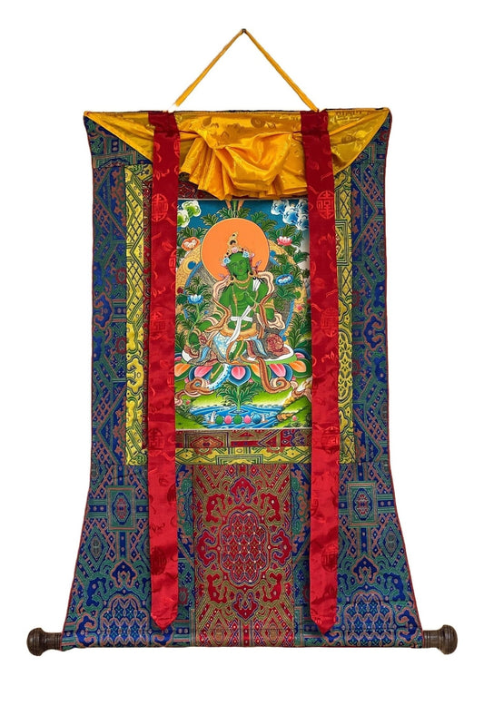 Hand Painted Green Tara, Shyamatara/ Mother Goddess, Masterpiece Tibetan Thangka Painting, Original Buddhist Art with Premium Silk Brocade - Tibetan Thangka Art