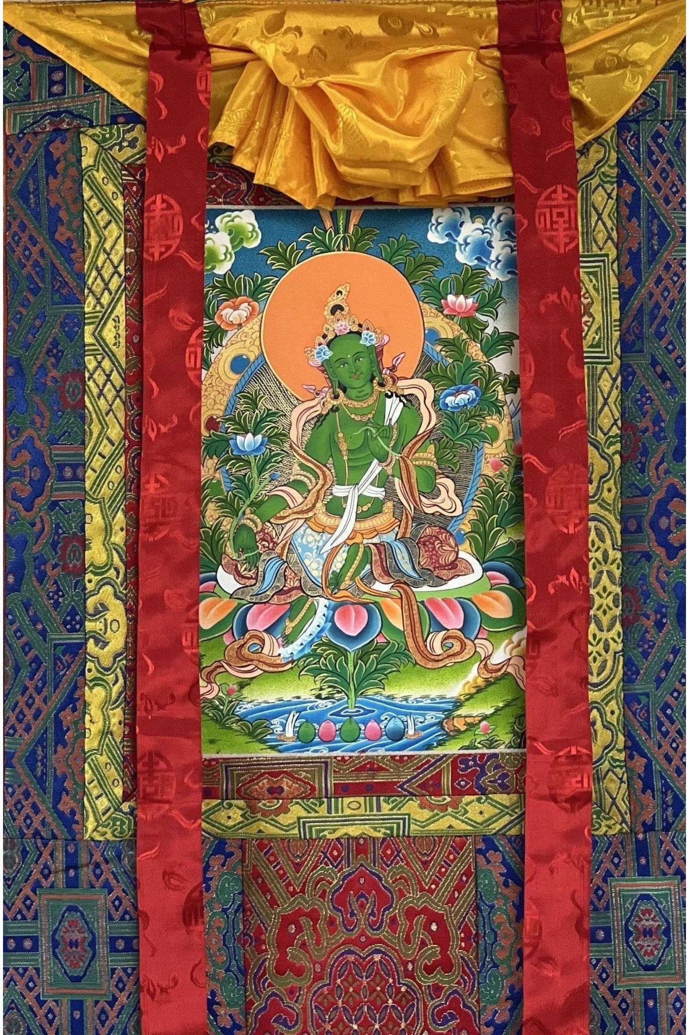 Hand Painted Green Tara, Shyamatara/ Mother Goddess, Masterpiece Tibetan Thangka Painting, Original Buddhist Art with Premium Silk Brocade - Tibetan Thangka Art