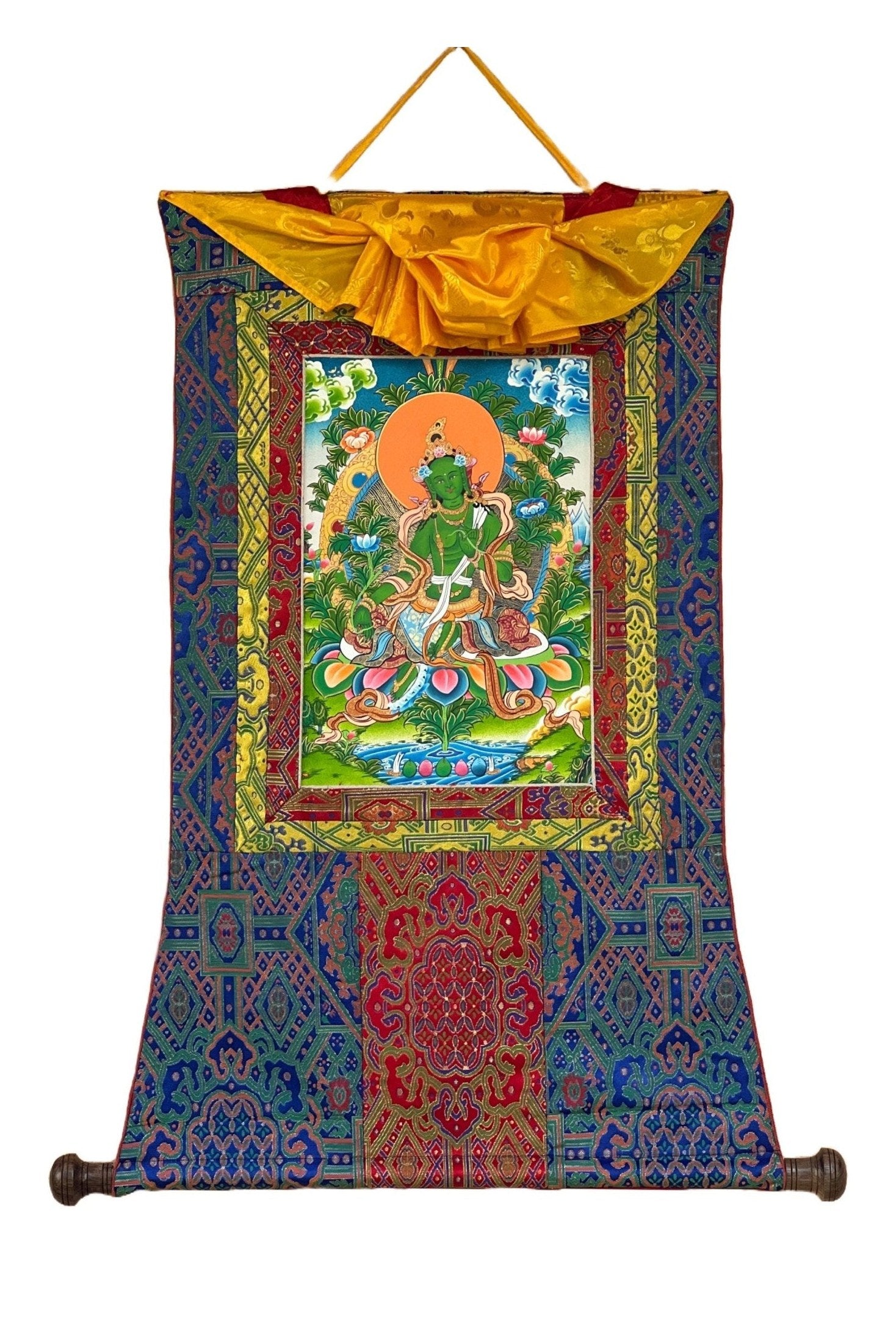 Hand Painted Green Tara, Shyamatara/ Mother Goddess, Masterpiece Tibetan Thangka Painting, Original Buddhist Art with Premium Silk Brocade - Tibetan Thangka Art