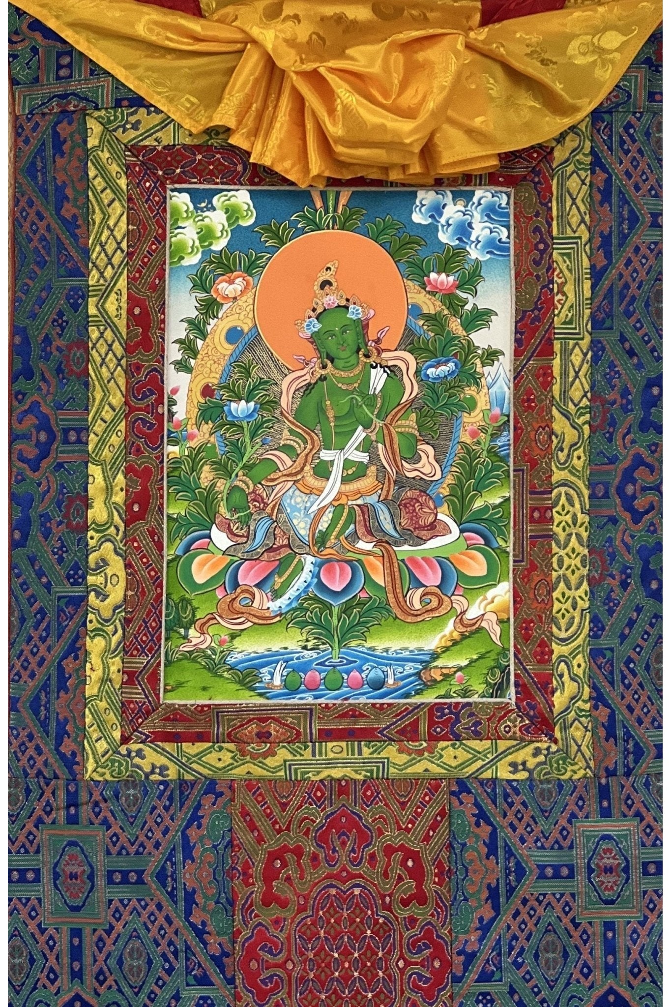 Hand Painted Green Tara, Shyamatara/ Mother Goddess, Masterpiece Tibetan Thangka Painting, Original Buddhist Art with Premium Silk Brocade - Tibetan Thangka Art