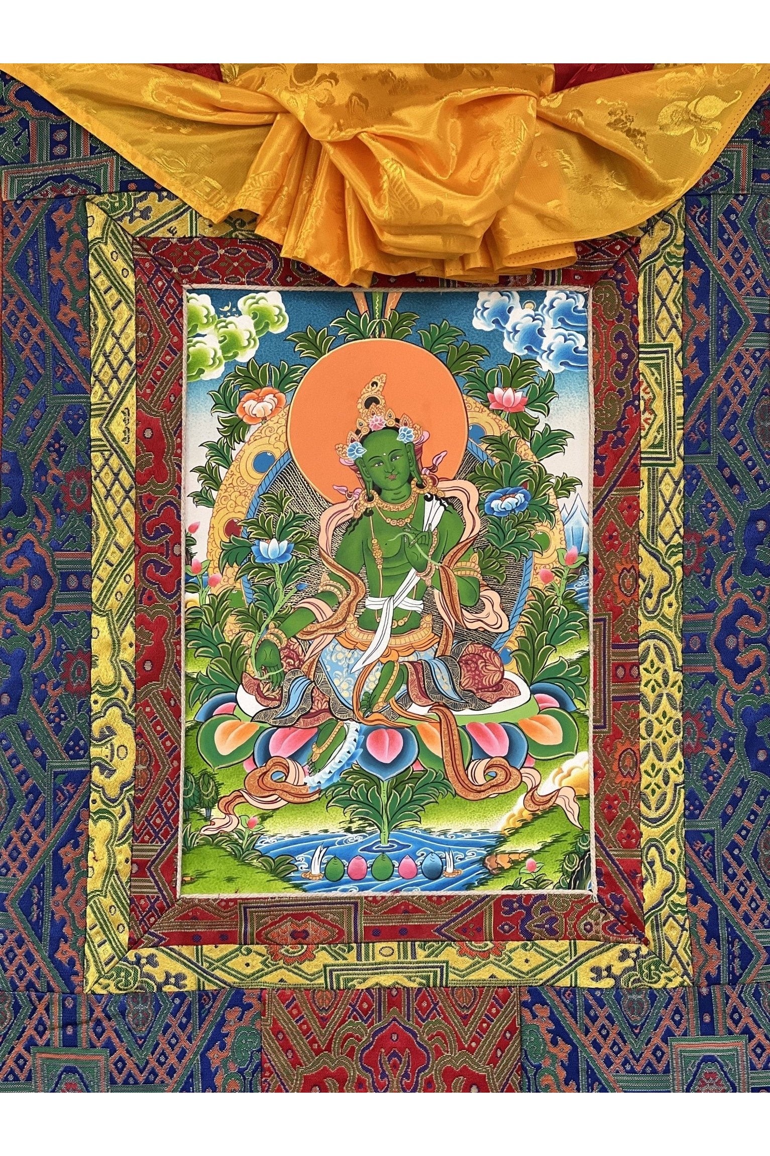 Hand Painted Green Tara, Shyamatara/ Mother Goddess, Masterpiece Tibetan Thangka Painting, Original Buddhist Art with Premium Silk Brocade - Tibetan Thangka Art