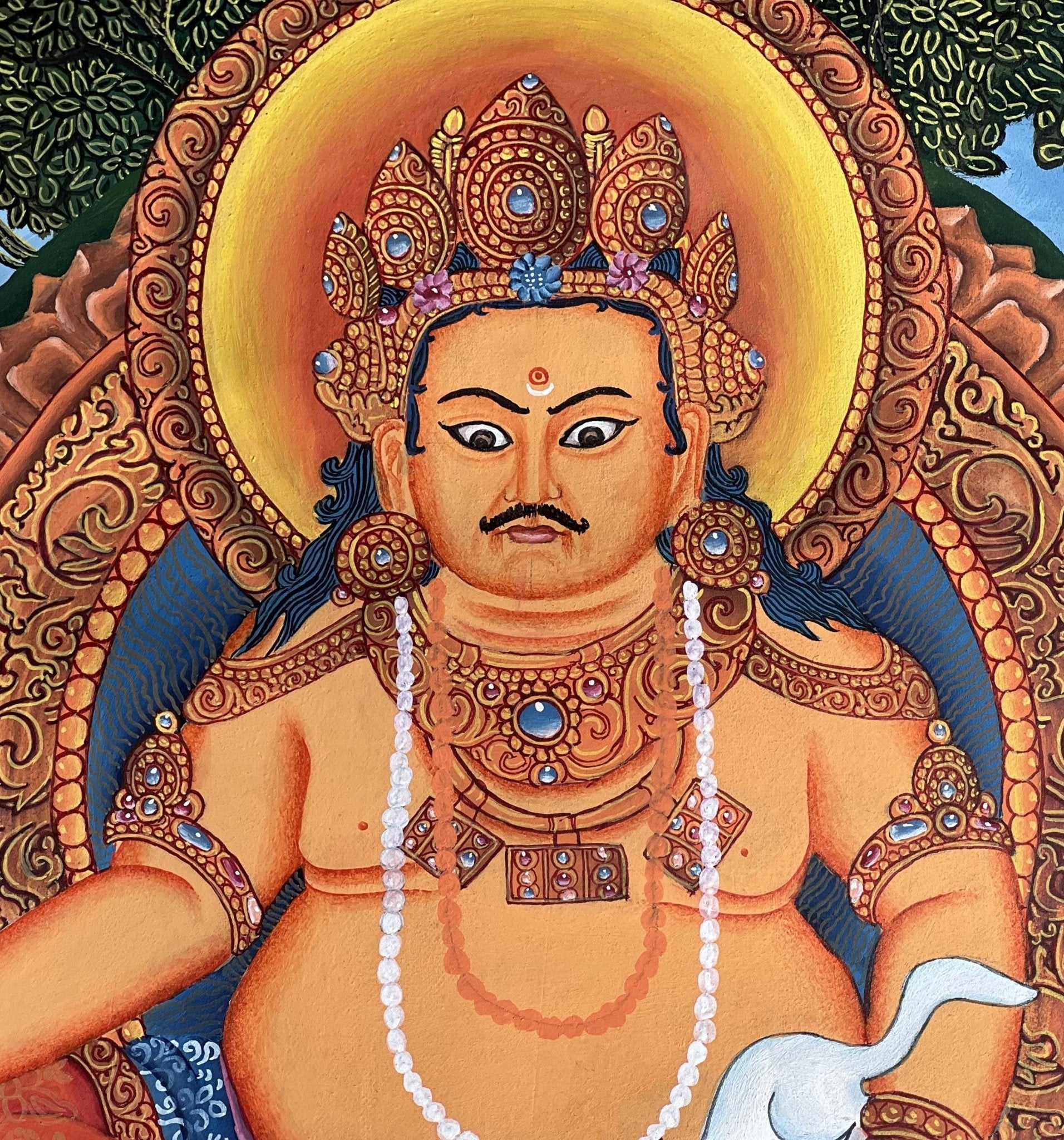 Hand - Painted KUBERA Jambhala Thangka | Hindu God of Wealth Art | Newari Paubha Meditation Painting | Prosperity Wall Art - Tibetan Thangka Art