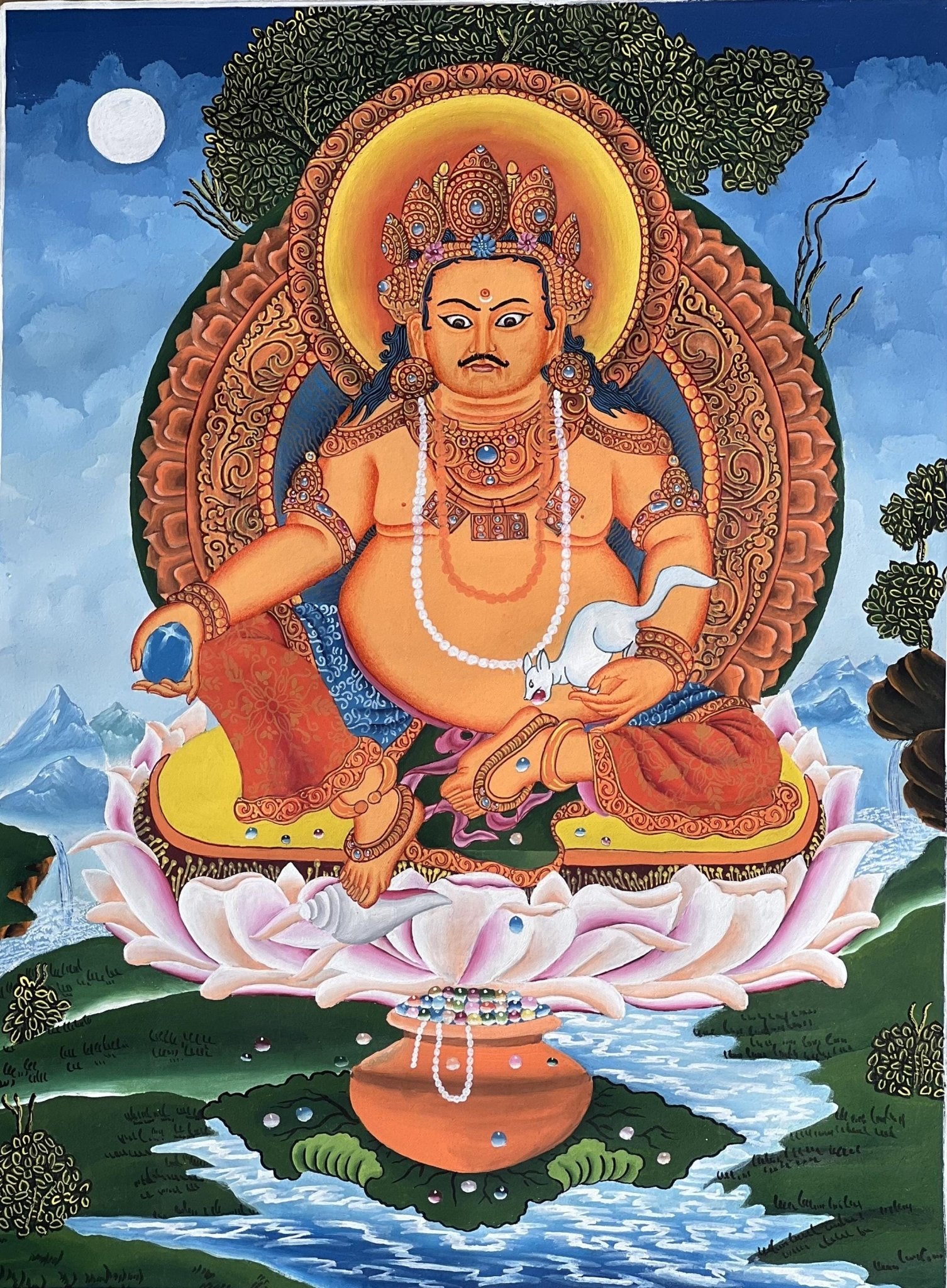 Hand - Painted KUBERA Jambhala Thangka | Hindu God of Wealth Art | Newari Paubha Meditation Painting | Prosperity Wall Art - Tibetan Thangka Art