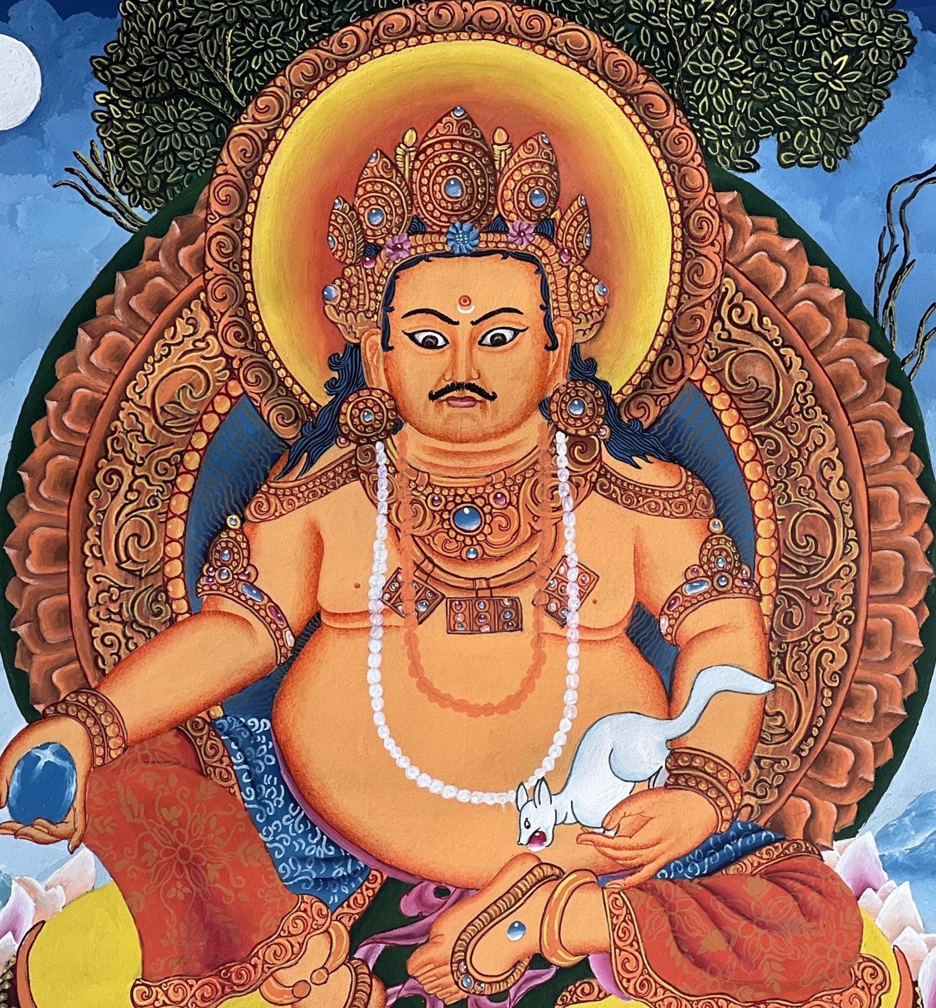 Hand - Painted KUBERA Jambhala Thangka | Hindu God of Wealth Art | Newari Paubha Meditation Painting | Prosperity Wall Art - Tibetan Thangka Art