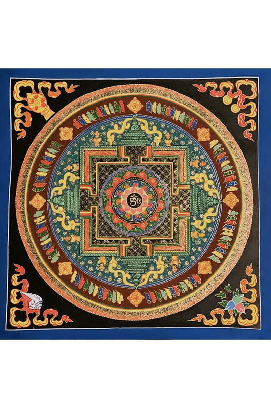 Hand Painted Lotus OM Mani Padme Hum Mantra Mandala Wheel of Life Meditation Tibetan Thangka Painting Original Art/ Wall Hanging - Tibetan Thangka Art