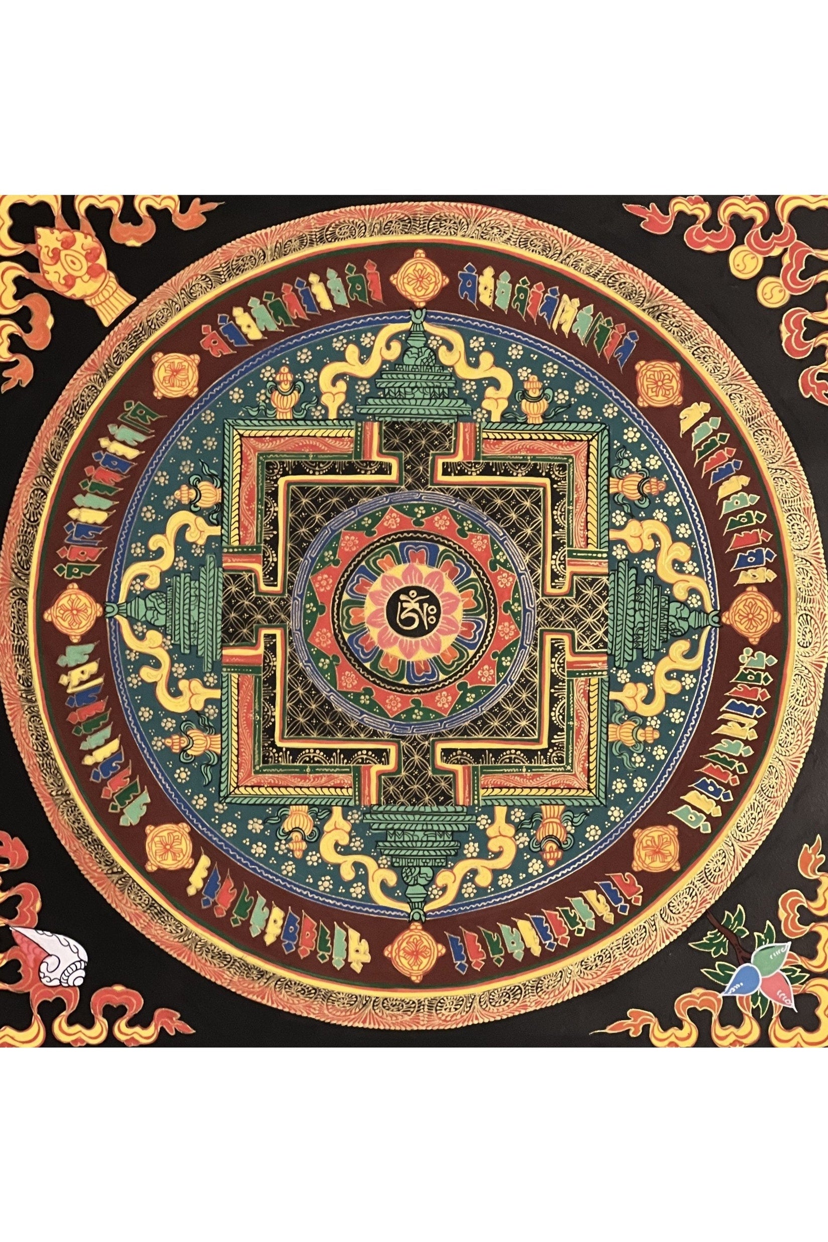 Hand Painted Lotus OM Mani Padme Hum Mantra Mandala Wheel of Life Meditation Tibetan Thangka Painting Original Art/ Wall Hanging - Tibetan Thangka Art
