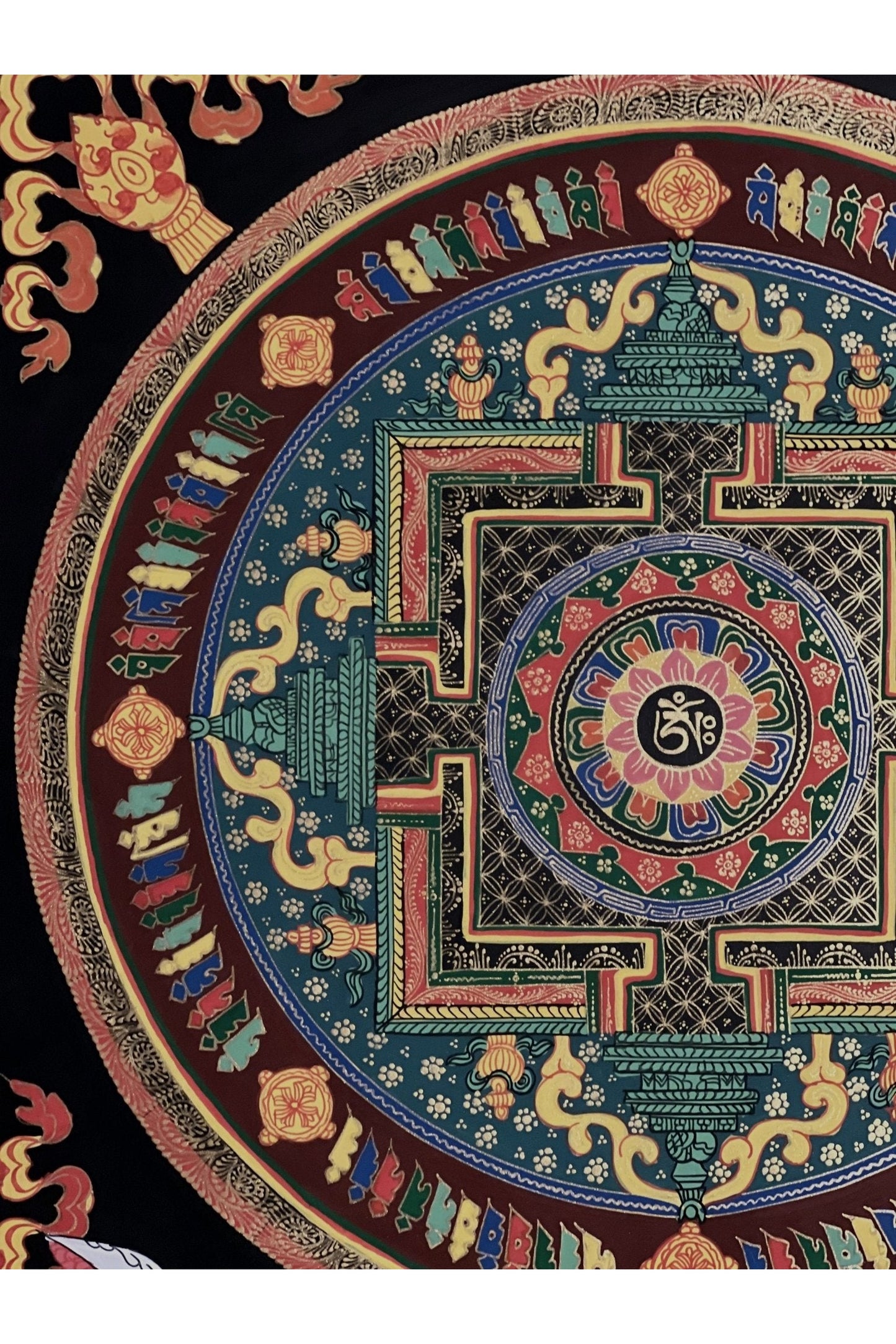 Hand Painted Lotus OM Mani Padme Hum Mantra Mandala Wheel of Life Meditation Tibetan Thangka Painting Original Art/ Wall Hanging - Tibetan Thangka Art
