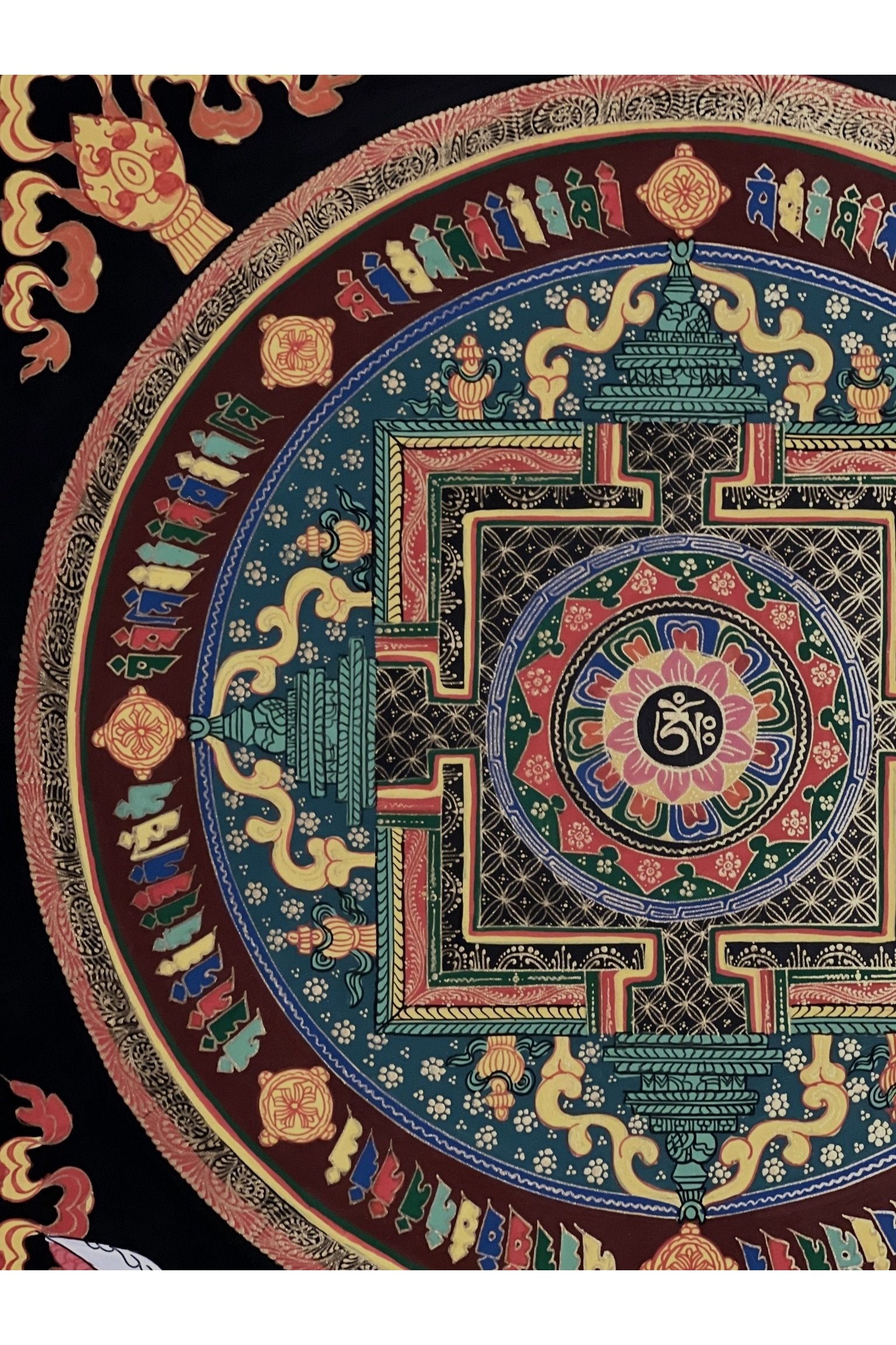 Hand Painted Lotus OM Mani Padme Hum Mantra Mandala Wheel of Life Meditation Tibetan Thangka Painting Original Art/ Wall Hanging - Tibetan Thangka Art