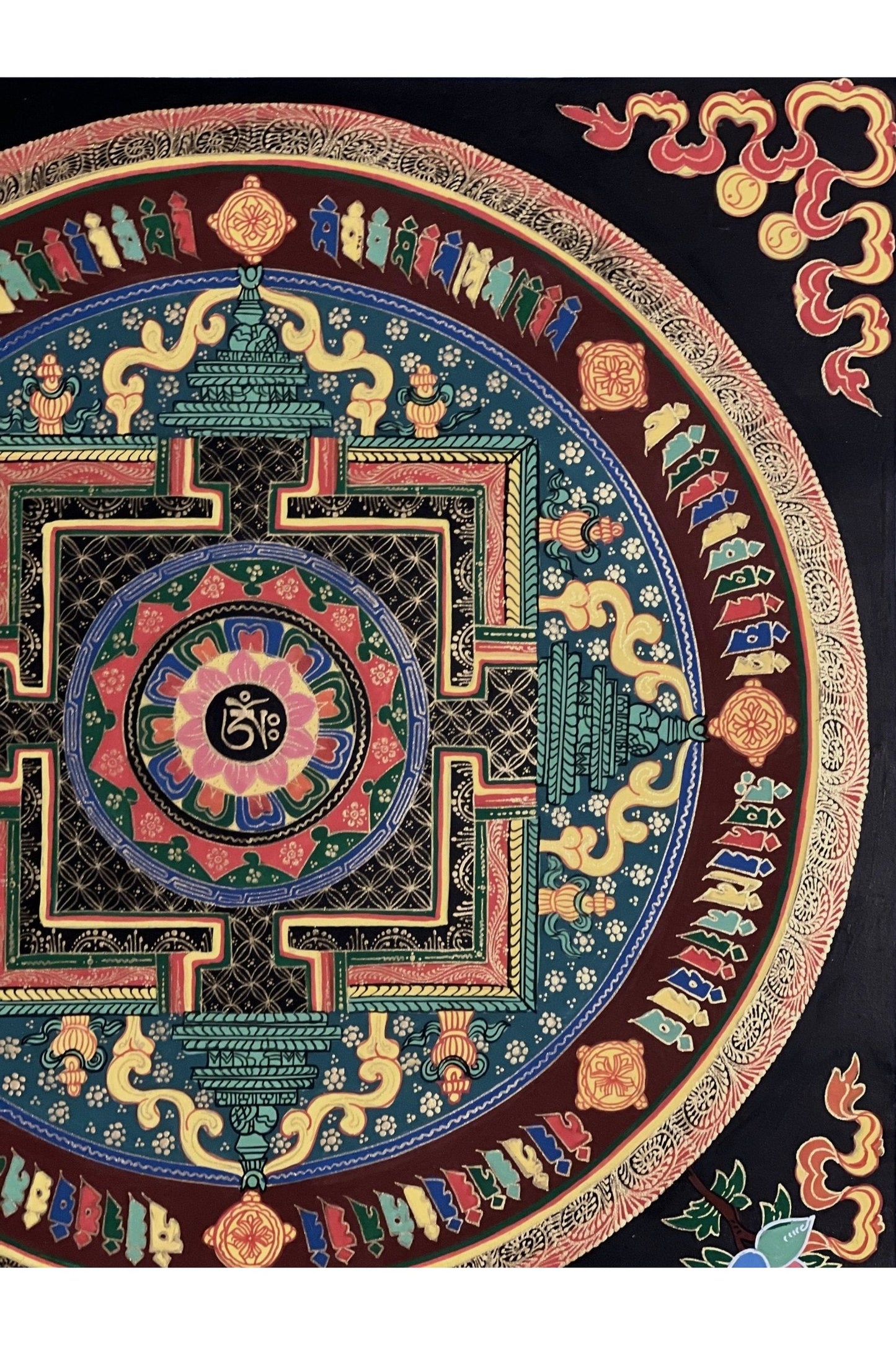 Hand Painted Lotus OM Mani Padme Hum Mantra Mandala Wheel of Life Meditation Tibetan Thangka Painting Original Art/ Wall Hanging - Tibetan Thangka Art