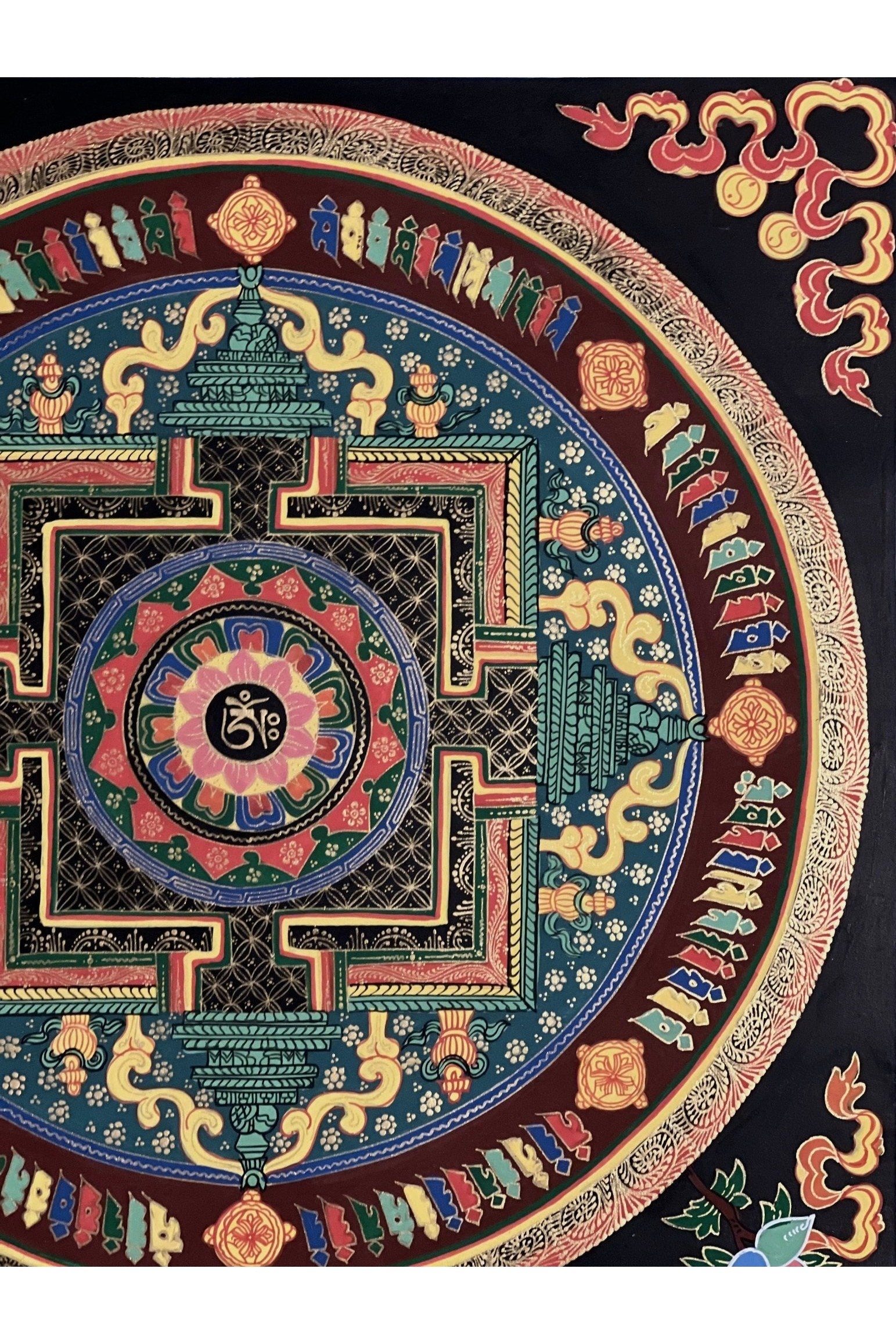 Hand Painted Lotus OM Mani Padme Hum Mantra Mandala Wheel of Life Meditation Tibetan Thangka Painting Original Art/ Wall Hanging - Tibetan Thangka Art