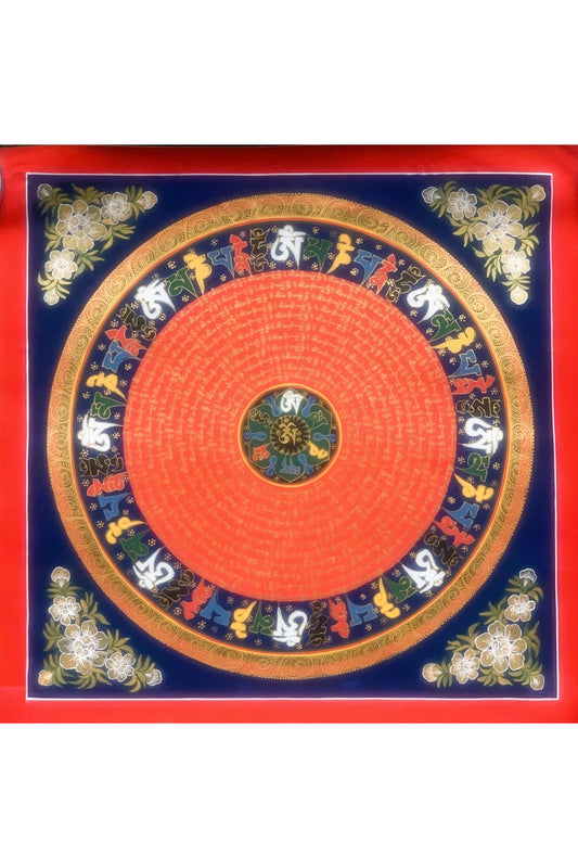 Hand painted Om Mantra Mandala, Wheel of Life Thangka Painting, Original Art Floral Border - Tibetan Thangka Art
