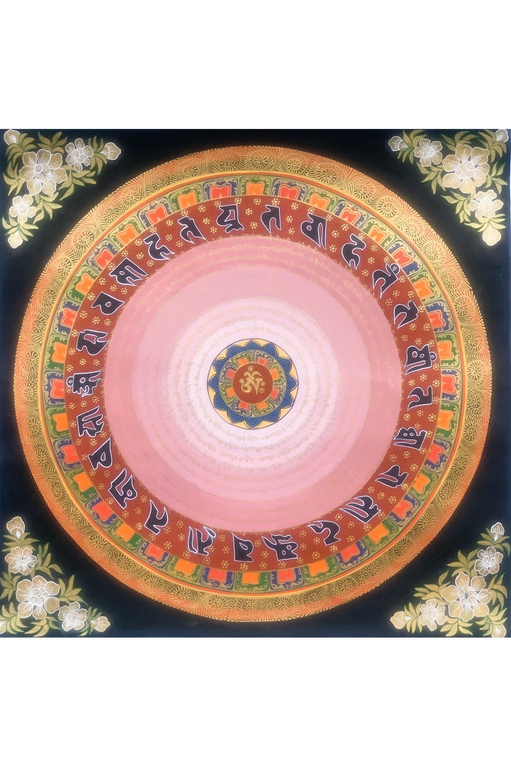 Hand Painted OM Mantra Mandala, Wheel of Life, Thangka Painting, Original Art with Floral Background - Tibetan Thangka Art