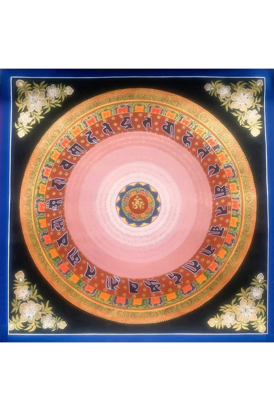 Hand Painted OM Mantra Mandala, Wheel of Life, Thangka Painting, Original Art with Floral Background - Tibetan Thangka Art
