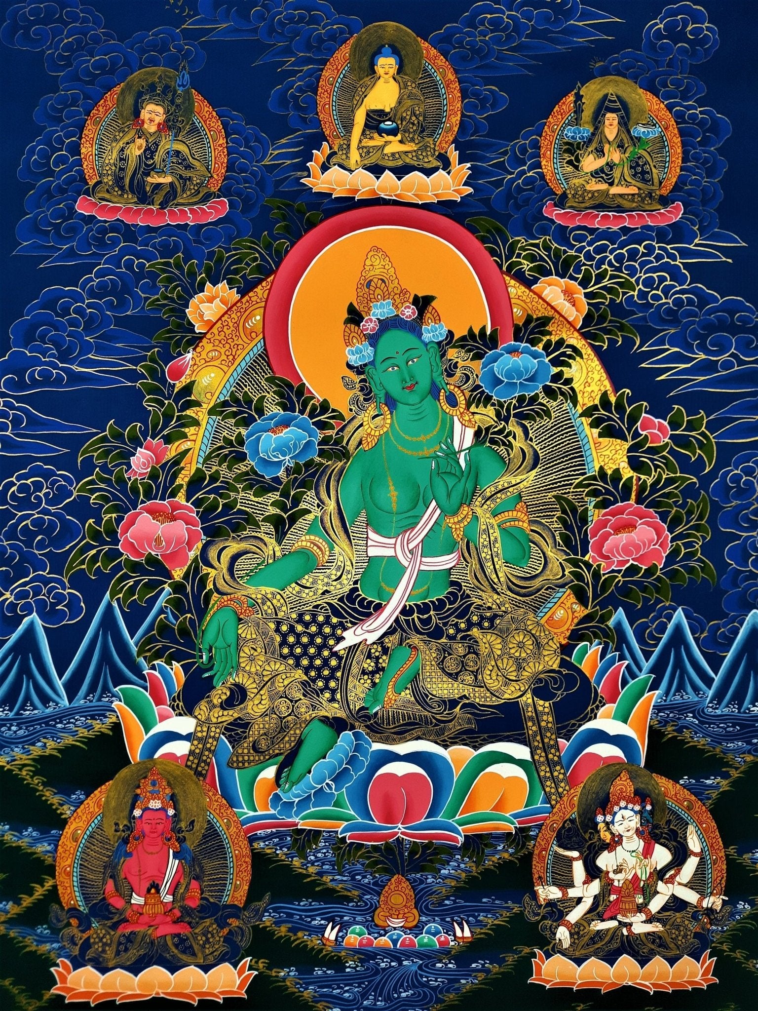 Hand painted Original Green Tara Masterpiece Meditation, Compassion, Tibetan Thangka / Thanka Painting From Nepal - Tibetan Thangka Art