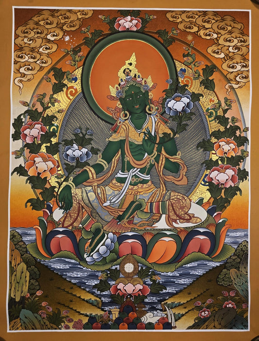 Hand - Painted Original Green Tara Thangka – Tibetan Masterpiece for Meditation, Compassion, and Wall Hanging – Sacred Art from Nepal - Tibetan Thangka Art