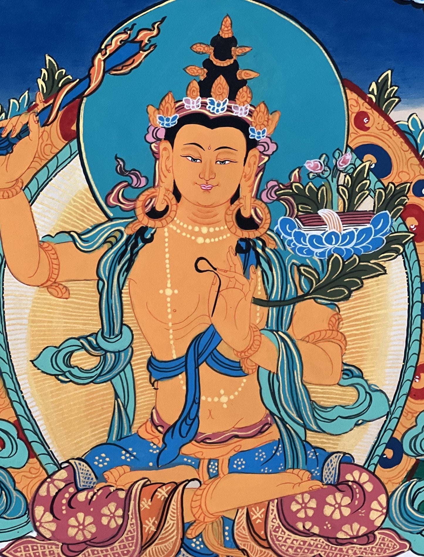 Hand - painted Original Manjushree/ Manjushri/ JAMPELYANG/ God OF Wisdom Tibetan Thanka / Thangka Painting with Premium Quality Silk Brocade - Tibetan Thangka Art