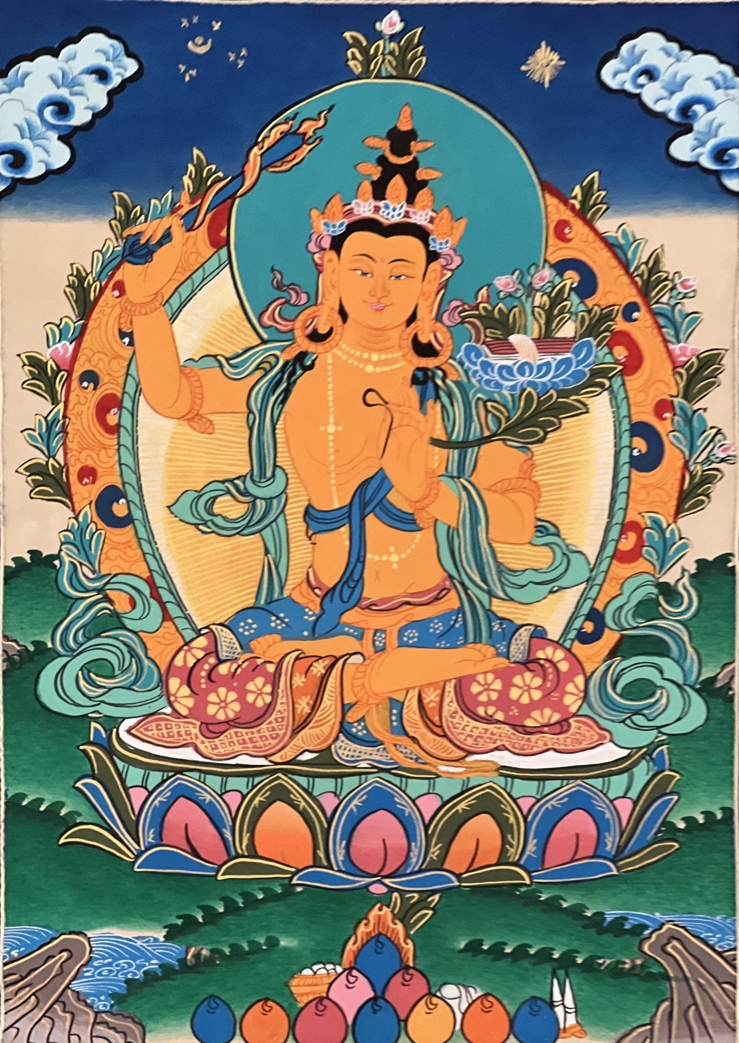 Hand - painted Original Manjushree/ Manjushri/ JAMPELYANG/ God OF Wisdom Tibetan Thanka / Thangka Painting with Premium Quality Silk Brocade - Tibetan Thangka Art