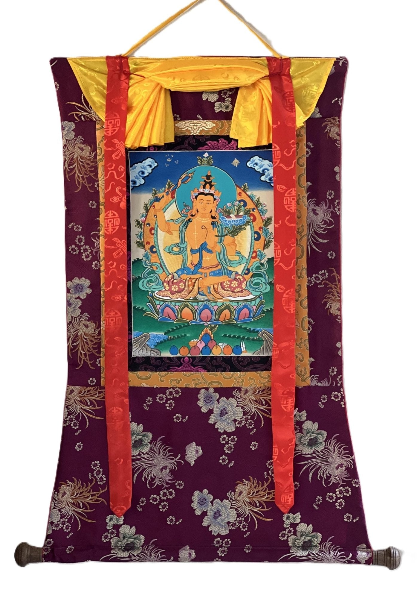 Hand - painted Original Manjushree/ Manjushri/ JAMPELYANG/ God OF Wisdom Tibetan Thanka / Thangka Painting with Premium Quality Silk Brocade - Tibetan Thangka Art