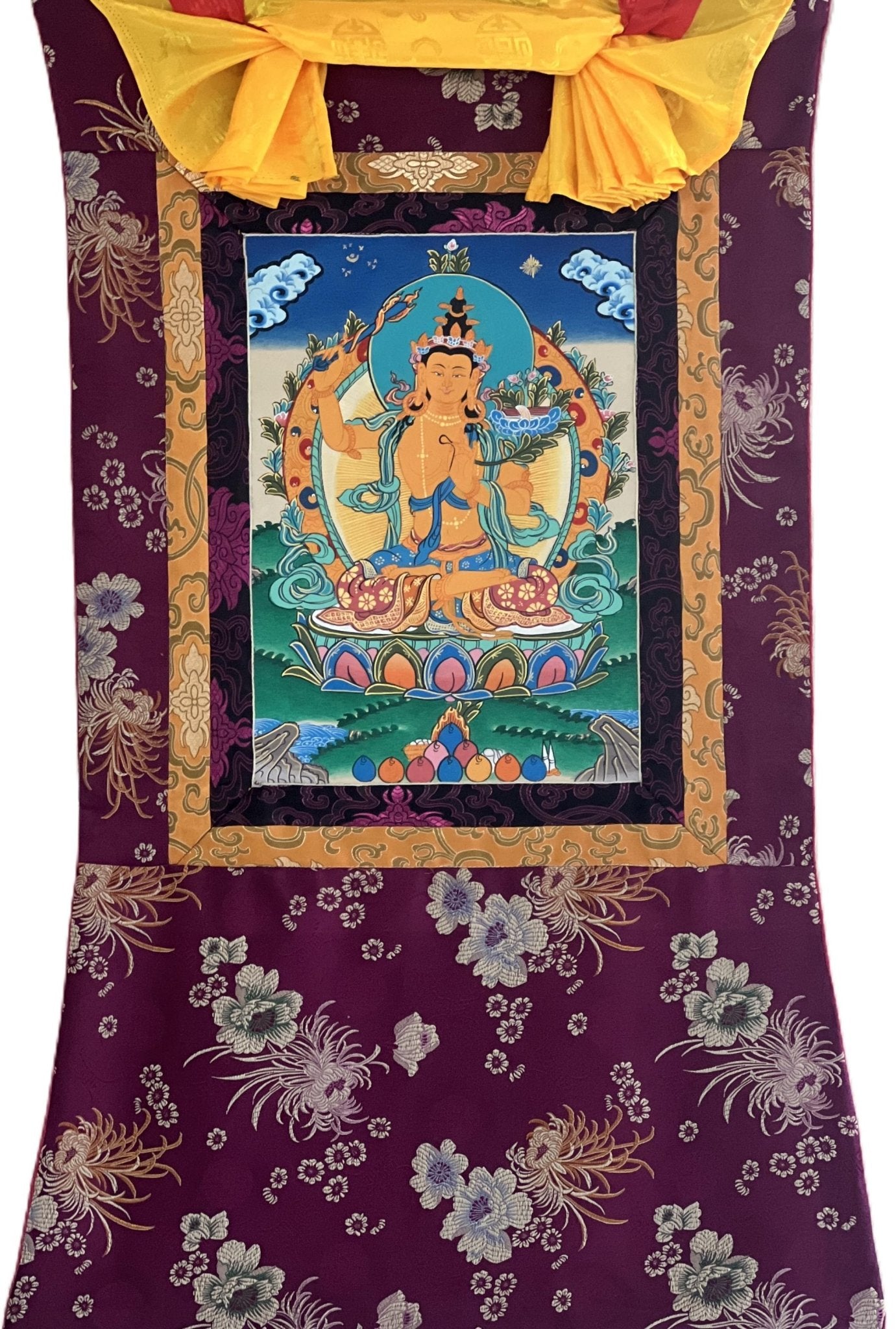Hand - painted Original Manjushree/ Manjushri/ JAMPELYANG/ God OF Wisdom Tibetan Thanka / Thangka Painting with Premium Quality Silk Brocade - Tibetan Thangka Art