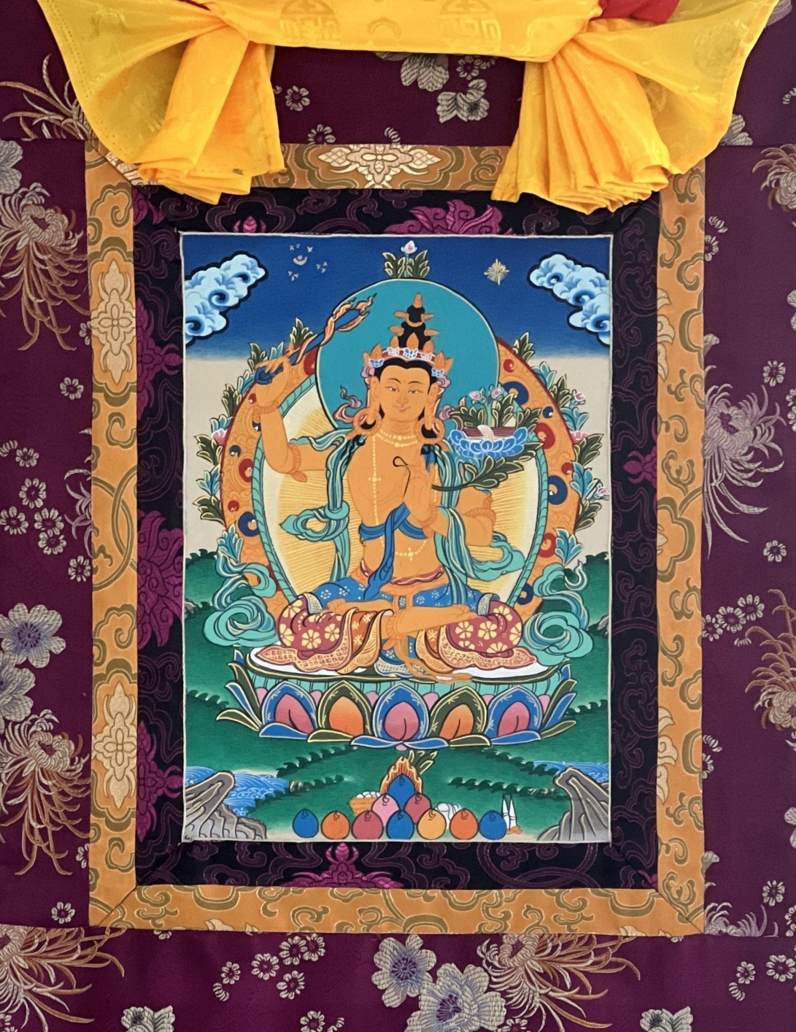 Hand - painted Original Manjushree/ Manjushri/ JAMPELYANG/ God OF Wisdom Tibetan Thanka / Thangka Painting with Premium Quality Silk Brocade - Tibetan Thangka Art