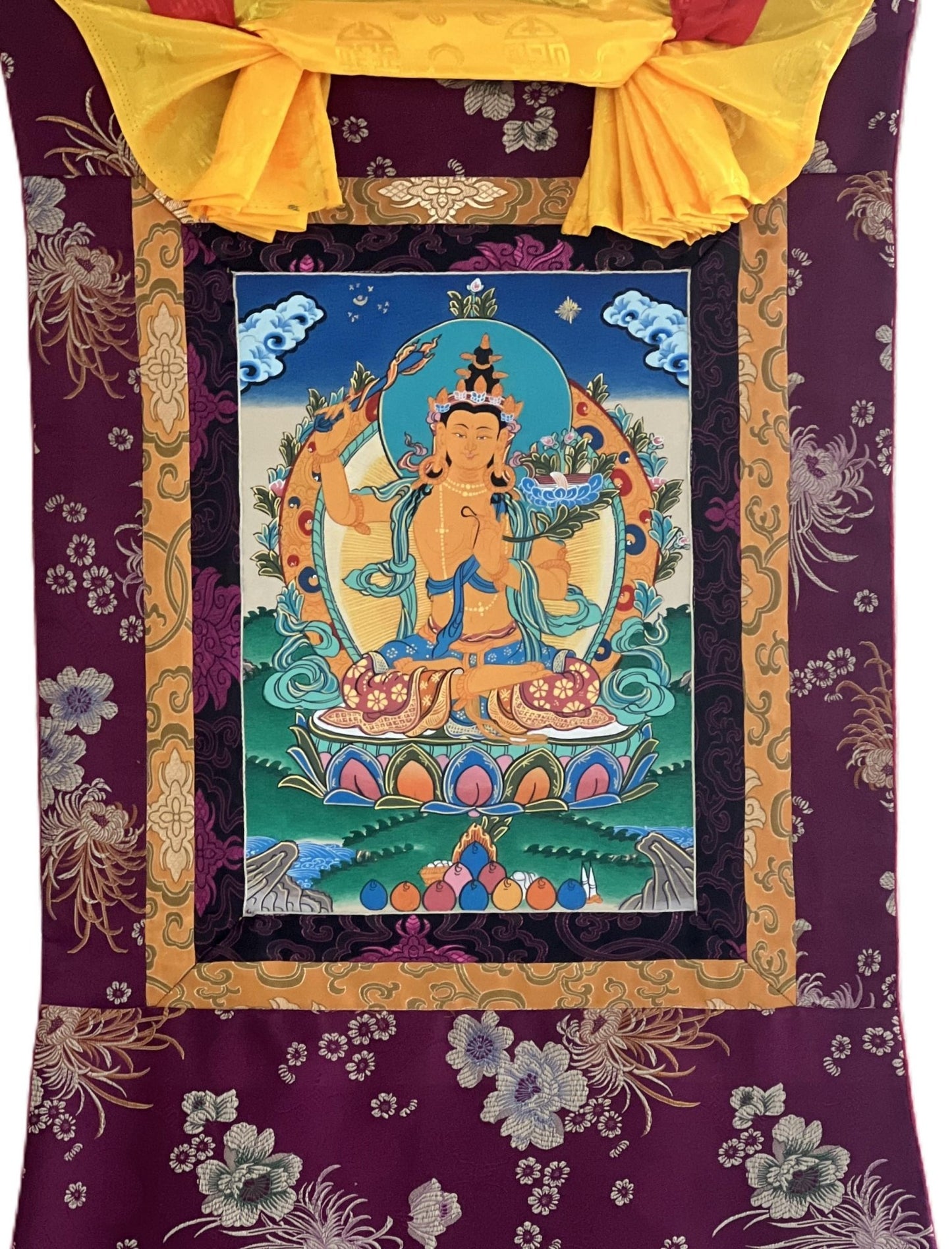 Hand - painted Original Manjushree/ Manjushri/ JAMPELYANG/ God OF Wisdom Tibetan Thanka / Thangka Painting with Premium Quality Silk Brocade - Tibetan Thangka Art