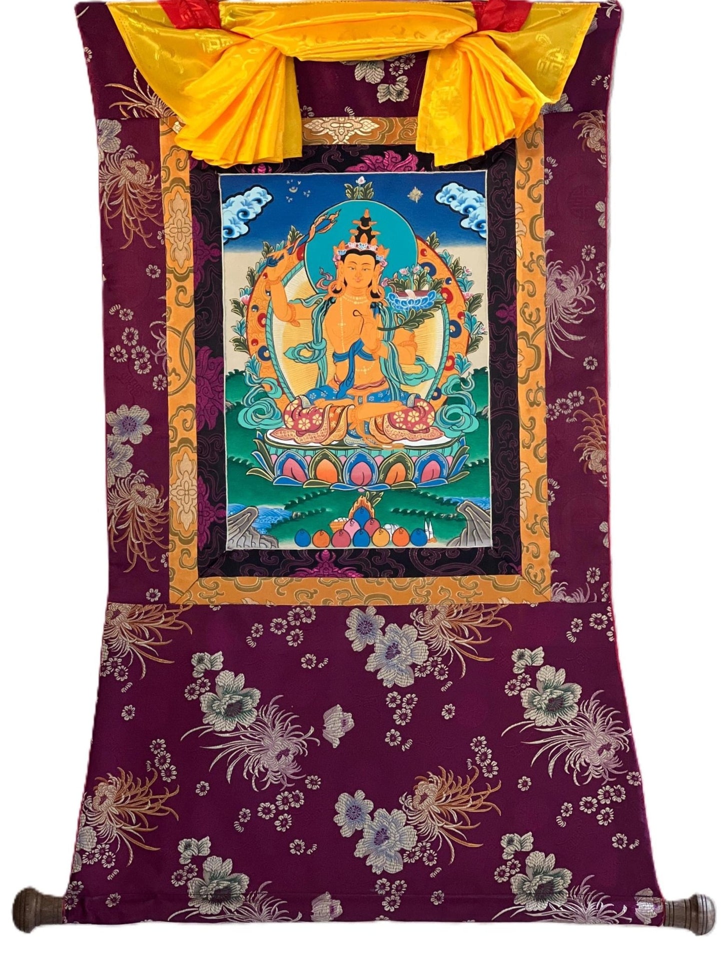 Hand - painted Original Manjushree/ Manjushri/ JAMPELYANG/ God OF Wisdom Tibetan Thanka / Thangka Painting with Premium Quality Silk Brocade - Tibetan Thangka Art