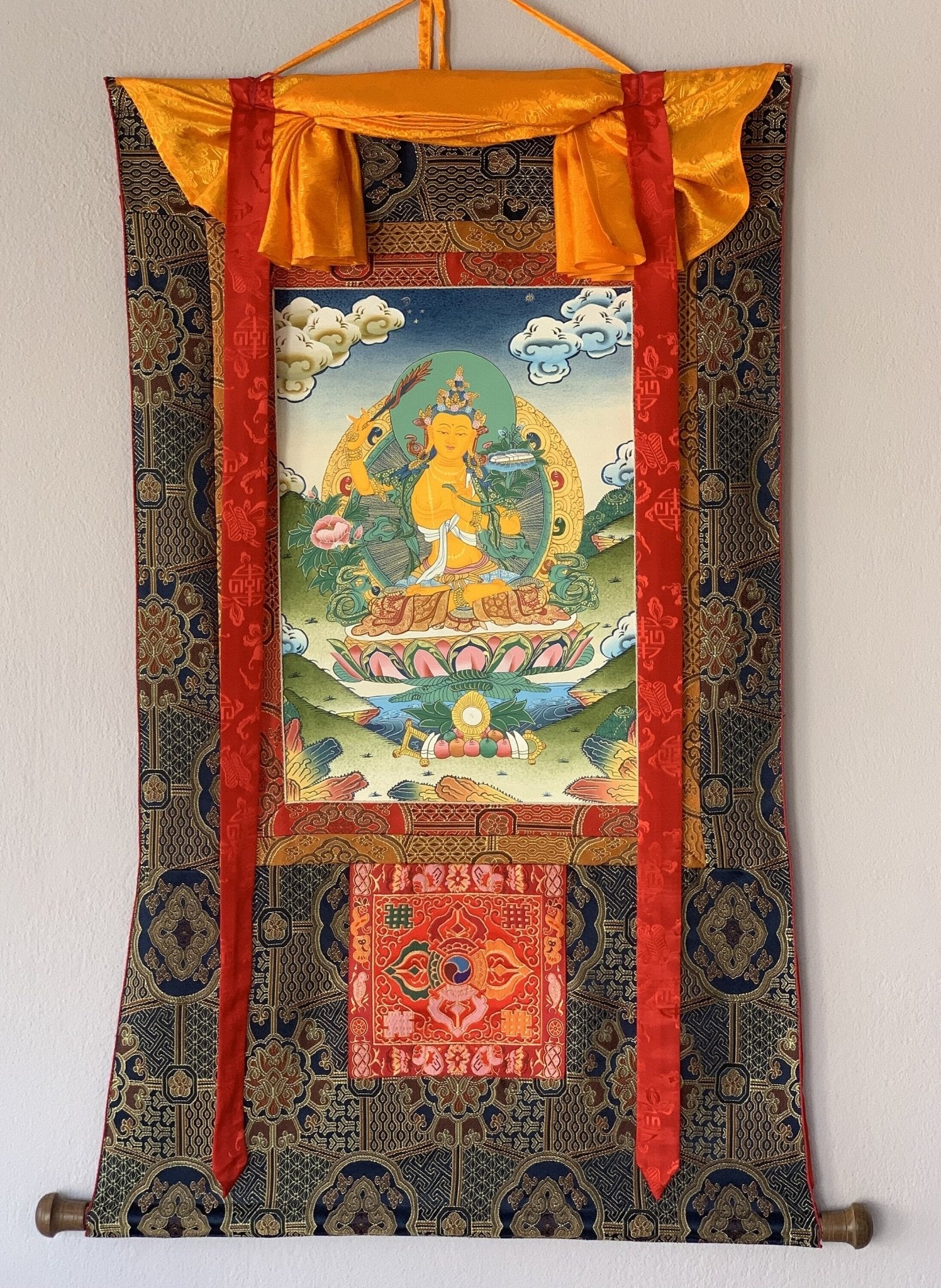 Hand painted Original Master Quality Manjushree / Jampelyang/ God Of Wisdom Tibetan Thanka / Thangka / Painting With Silk Brocade - Tibetan Thangka Art