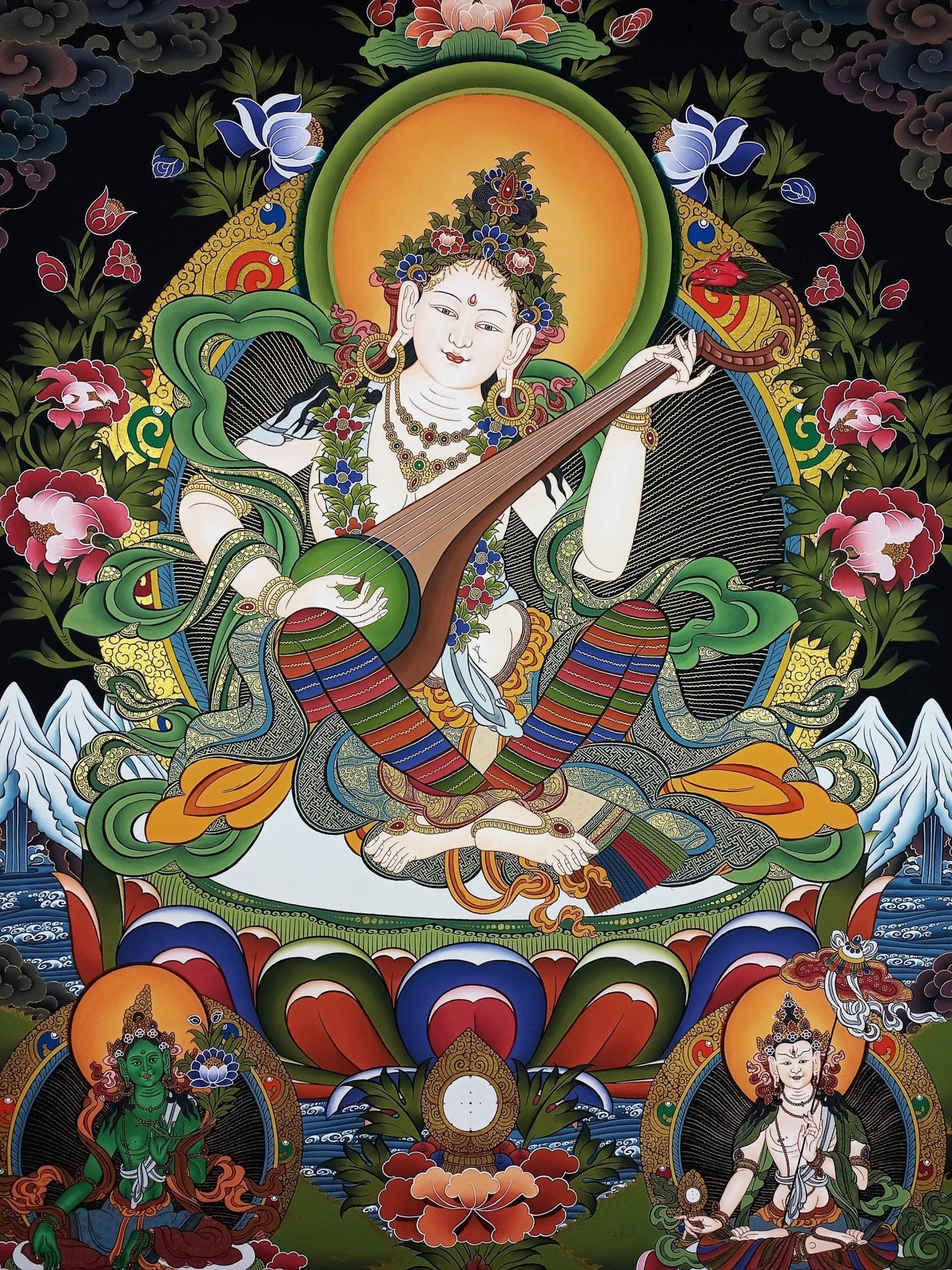 Hand - painted Original Saraswati Masterpiece 24K Gold Thangka Wall Hanging Meditation Compassion Tibetan Thangka/ Thanka Painting From Nepal - Tibetan Thangka Art