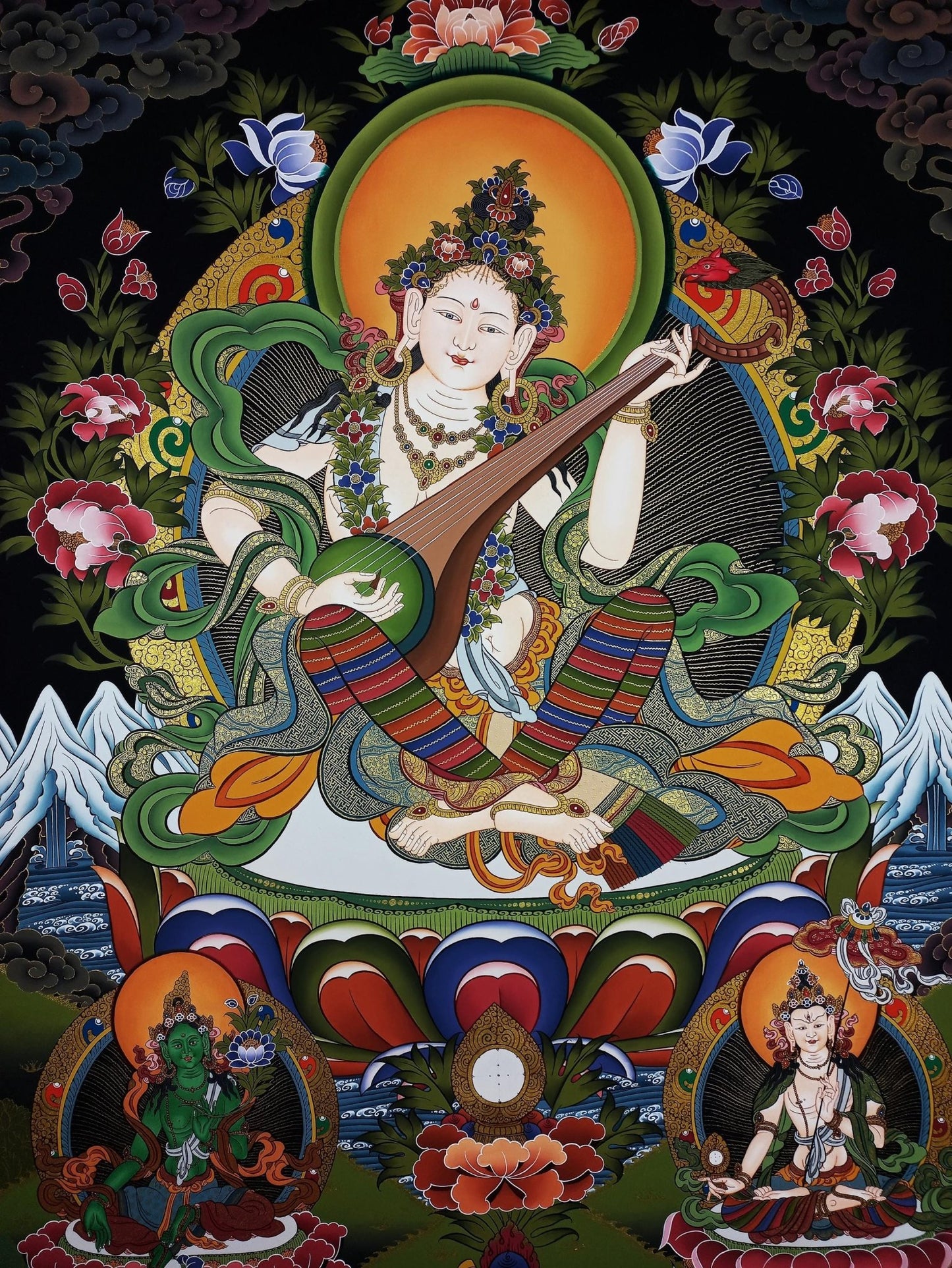 Hand - painted Original Saraswati Masterpiece 24K Gold Thangka Wall Hanging Meditation Compassion Tibetan Thangka/ Thanka Painting From Nepal - Tibetan Thangka Art