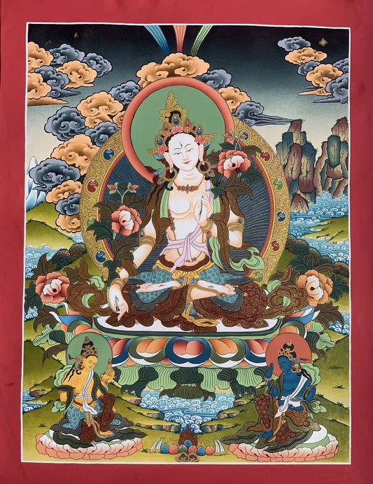 Hand painted Original White Tara / Mother Goddess, Masterpiece Tibetan Thanka / Thangka Painting Compassion Meditation Art From Nepal - Tibetan Thangka Art