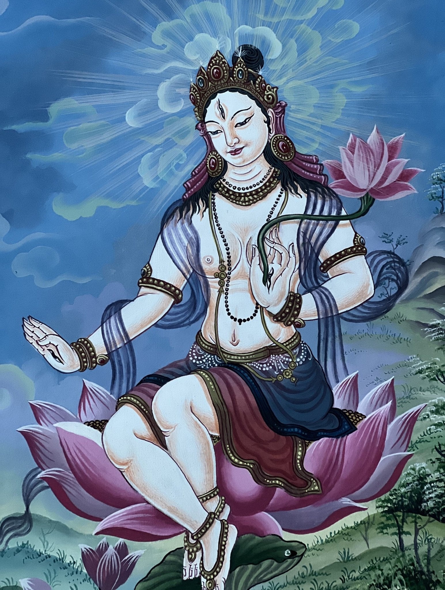 Hand painted Original White Tara / Mother Goddess Newari Paubha/Pauva /Thangka / Painting Compassion Meditation Art From Nepal - Tibetan Thangka Art