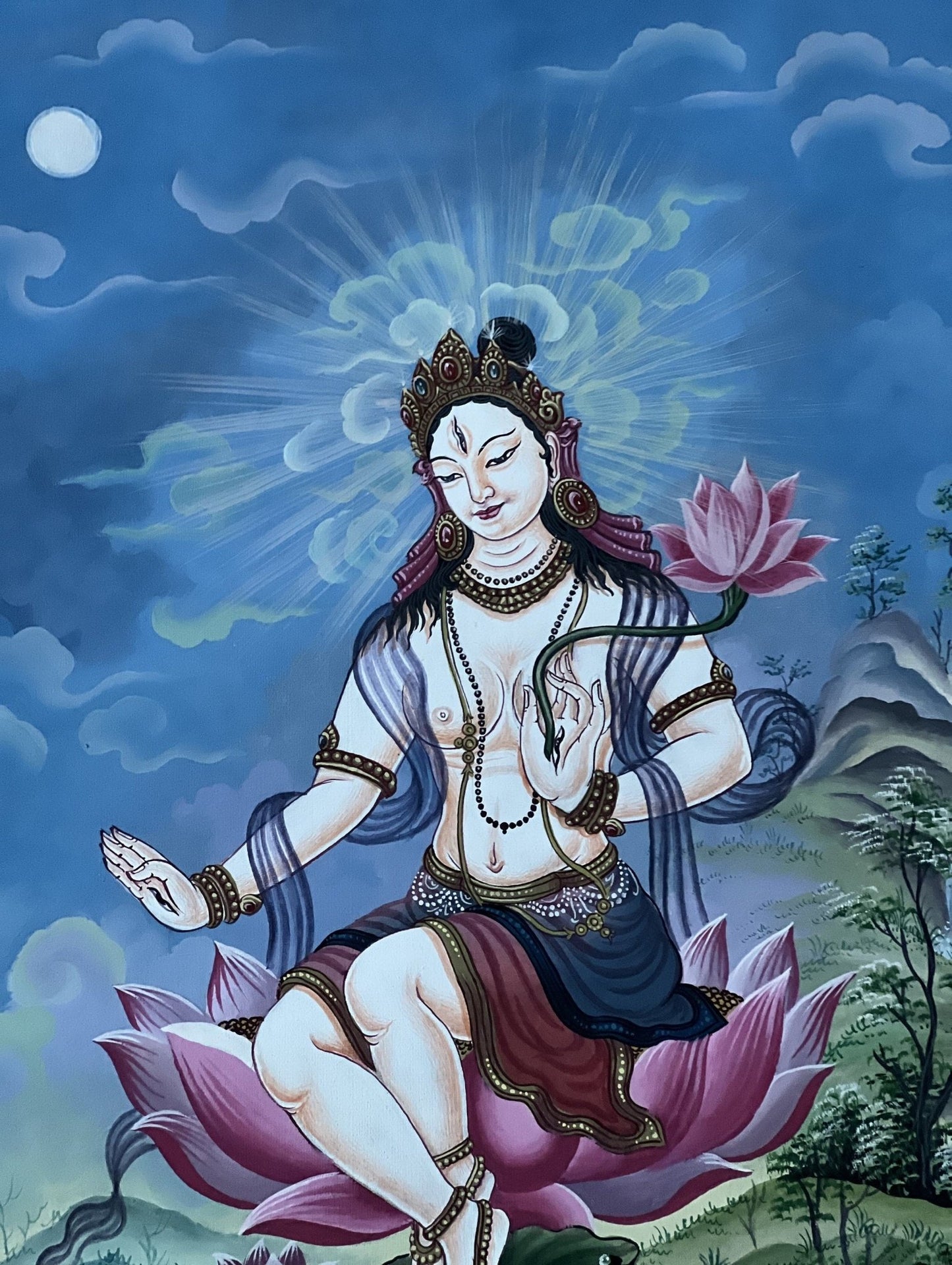Hand painted Original White Tara / Mother Goddess Newari Paubha/Pauva /Thangka / Painting Compassion Meditation Art From Nepal - Tibetan Thangka Art