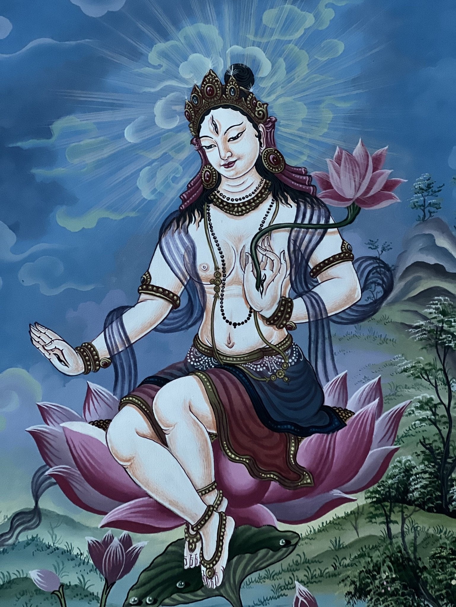 Hand painted Original White Tara / Mother Goddess Newari Paubha/Pauva /Thangka / Painting Compassion Meditation Art From Nepal - Tibetan Thangka Art