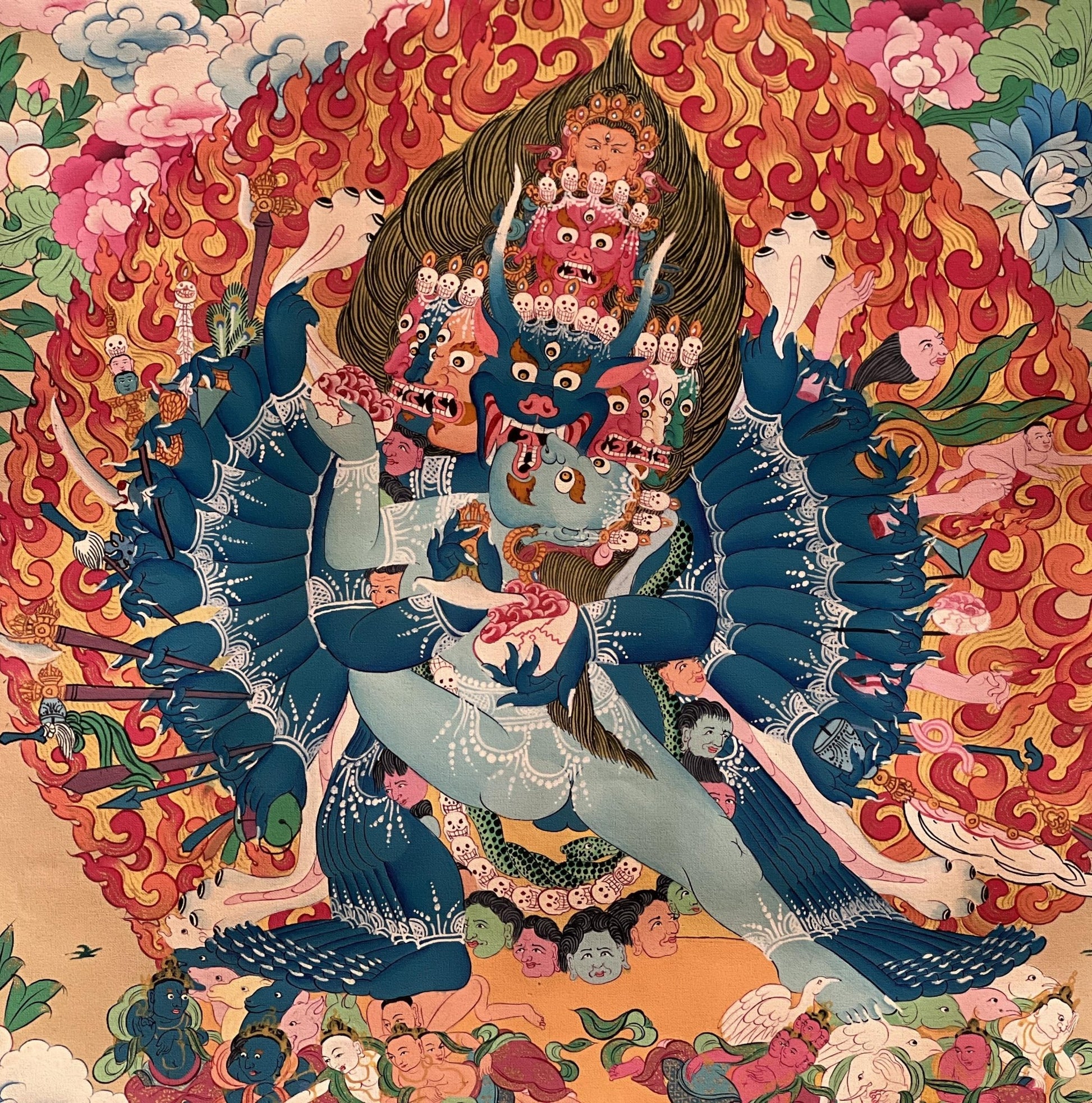 Hand Painted Original Yamantaka with Consort Shakti Masterpiece Smoky Tibetan Thangka Painting/ Wall Hanging/ Compassion Meditation Art - Tibetan Thangka Art