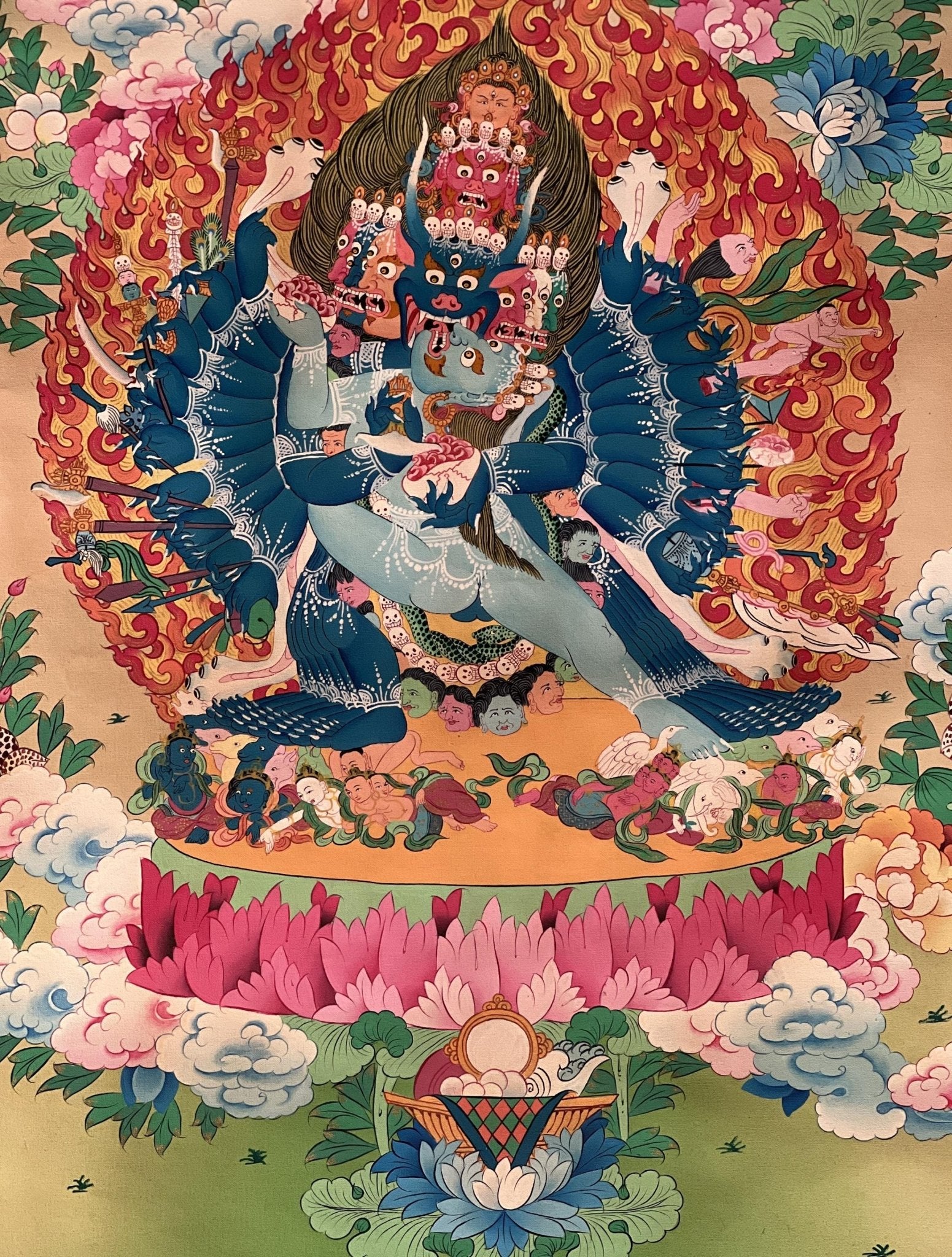 Hand Painted Original Yamantaka with Consort Shakti Masterpiece Smoky Tibetan Thangka Painting/ Wall Hanging/ Compassion Meditation Art - Tibetan Thangka Art