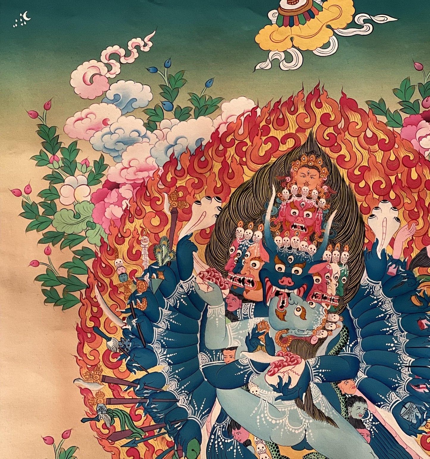 Hand Painted Original Yamantaka with Consort Shakti Masterpiece Smoky Tibetan Thangka Painting/ Wall Hanging/ Compassion Meditation Art - Tibetan Thangka Art