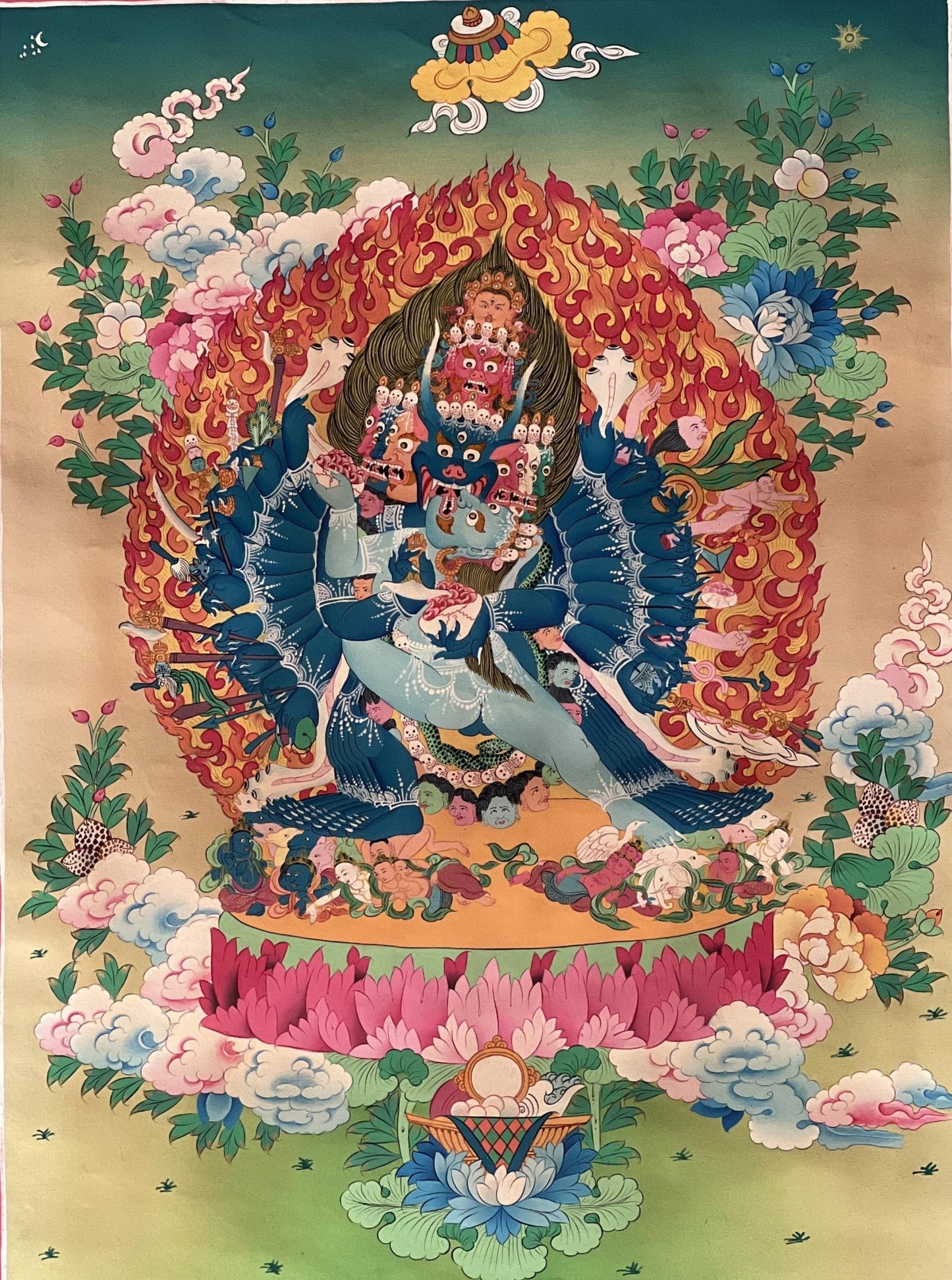 Hand Painted Original Yamantaka with Consort Shakti Masterpiece Smoky Tibetan Thangka Painting/ Wall Hanging/ Compassion Meditation Art - Tibetan Thangka Art