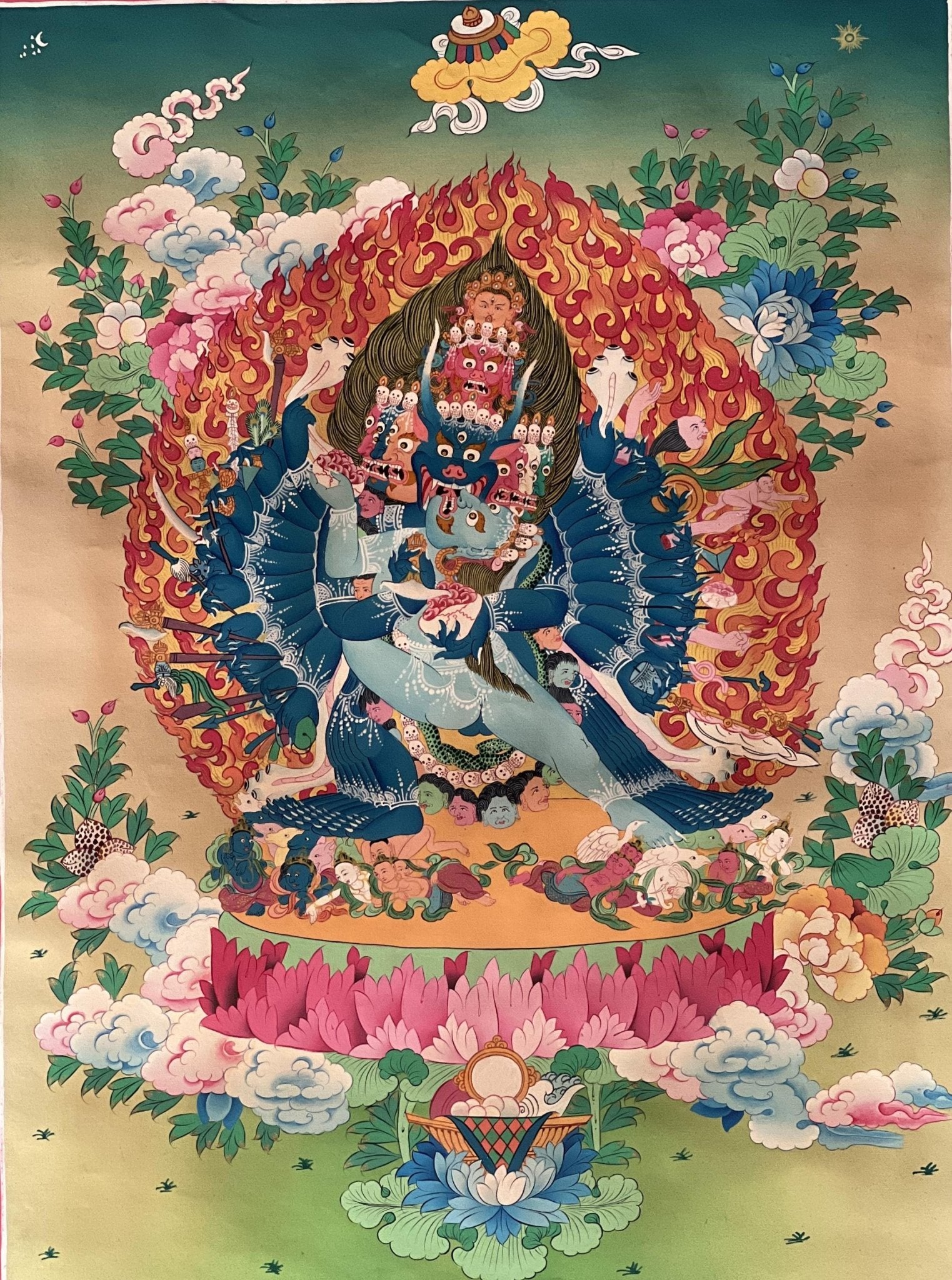 Hand Painted Original Yamantaka with Consort Shakti Masterpiece Smoky Tibetan Thangka Painting/ Wall Hanging/ Compassion Meditation Art - Tibetan Thangka Art