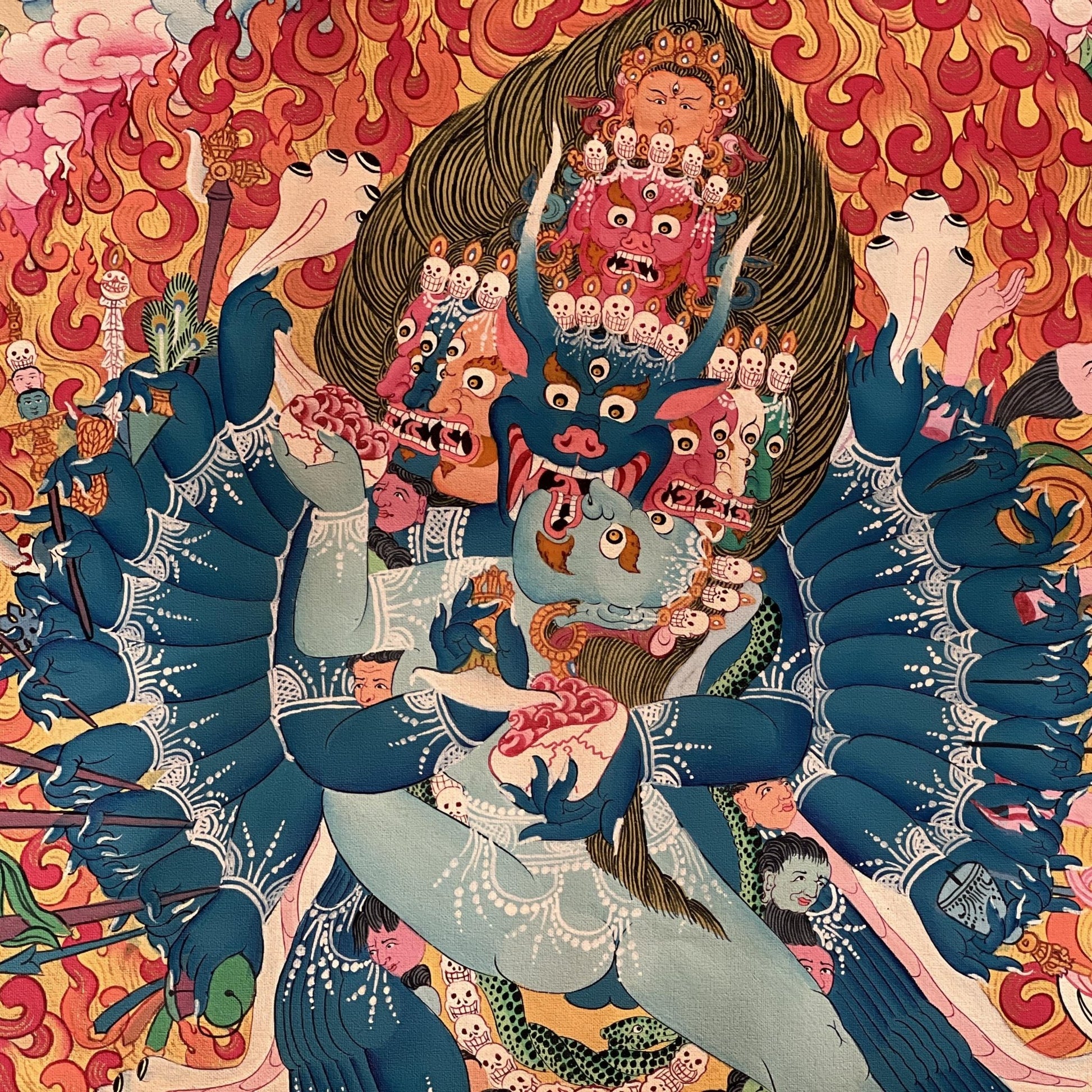 Hand Painted Original Yamantaka with Consort Shakti Masterpiece Smoky Tibetan Thangka Painting/ Wall Hanging/ Compassion Meditation Art - Tibetan Thangka Art