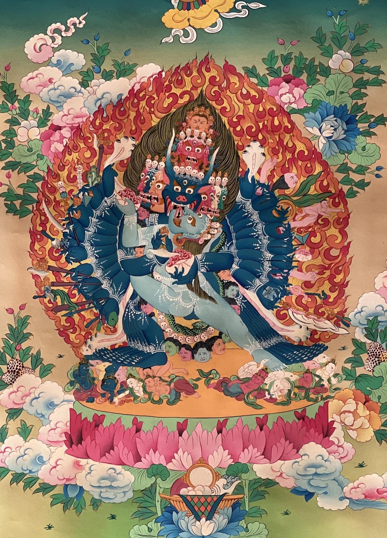 Hand Painted Original Yamantaka with Consort Shakti Masterpiece Smoky Tibetan Thangka Painting/ Wall Hanging/ Compassion Meditation Art - Tibetan Thangka Art